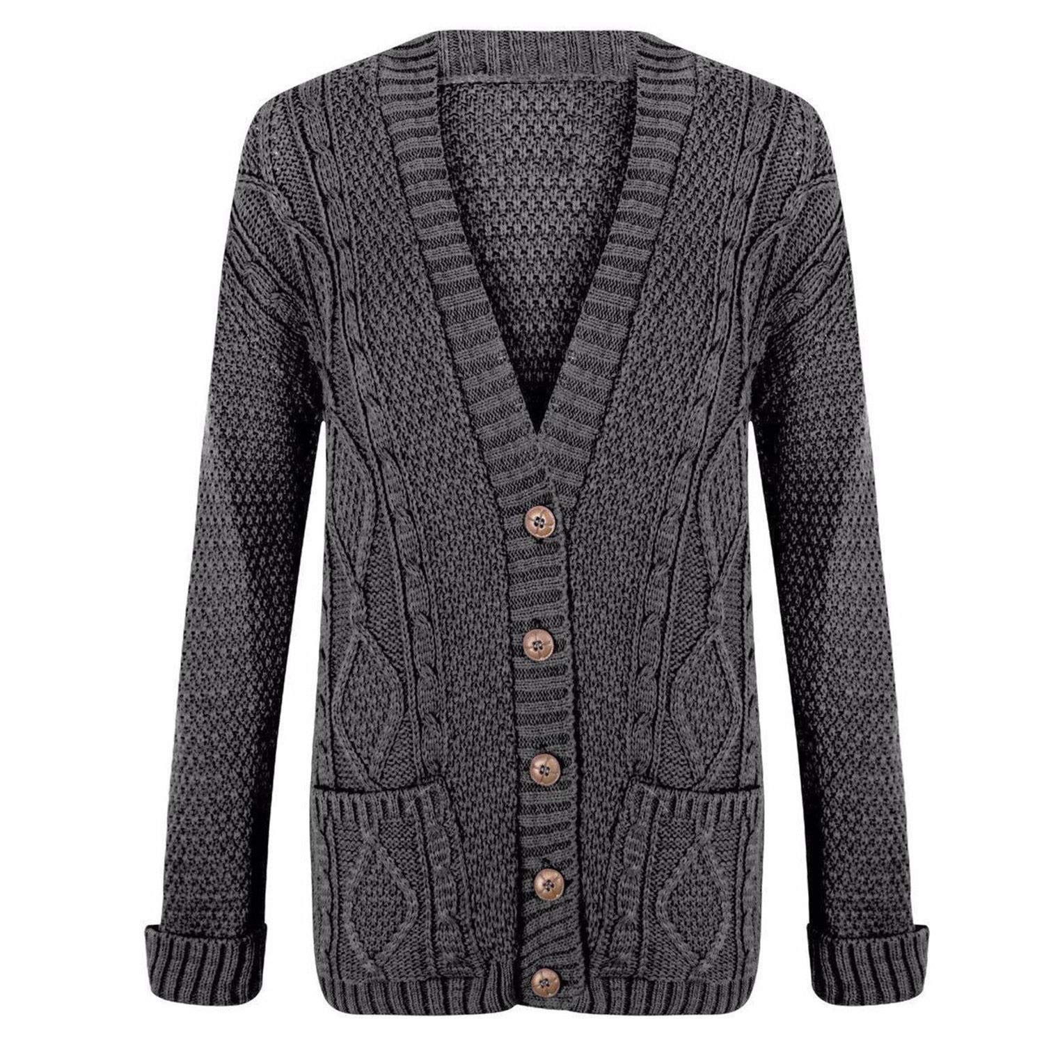 WearAll Womens Cable Knitted Button Cardigan Long Sleeve Ladies Boyfriend Top - Charcoal 20-22