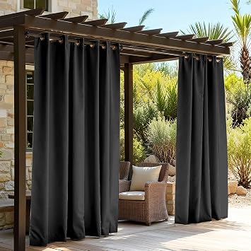 ARTPLAN Outdoor Curtains Waterproof for Patio - Sunproof 90% Blackout Curtains with Rustproof Grommets, Water Resistant Polyester Patio Drapes for Porch, Deck, Pergola, 2-Pack Set Black