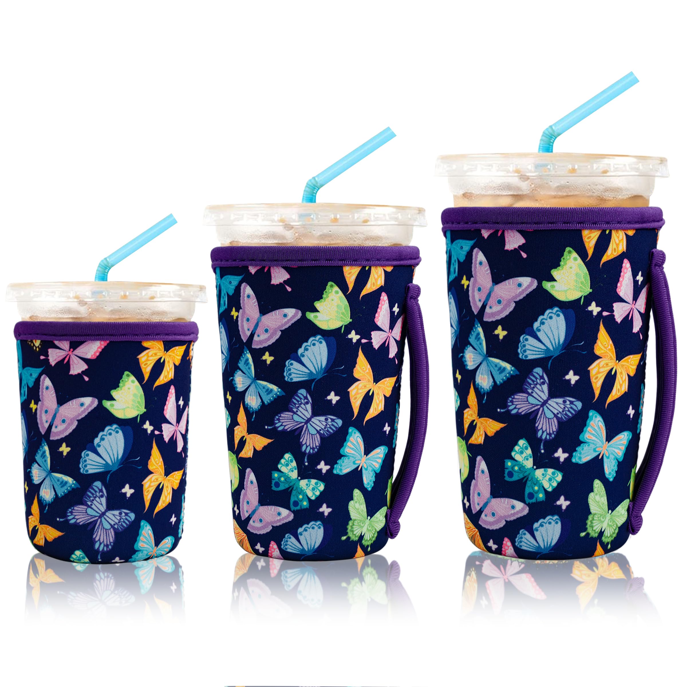 KJQJLY 3 Pack Reusable Iced Coffee Sleeves for Iced Coffee Cups or Drinks Reusable Neoprene Insulated Sleeves for Hot and Cold Drinks from Starbucks, Dunkin, And More (Dark butterfly)