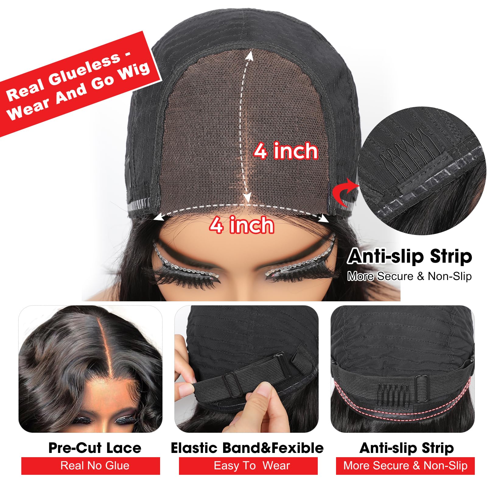 Wear And Go Glueless Pre Cut Lace Human Hair Wig, Pelucas Mujer Pelo Natural 4x4 Peluca De Encaje Bob Recta Cabello Humano 180% Densidad 10 Pulgadas