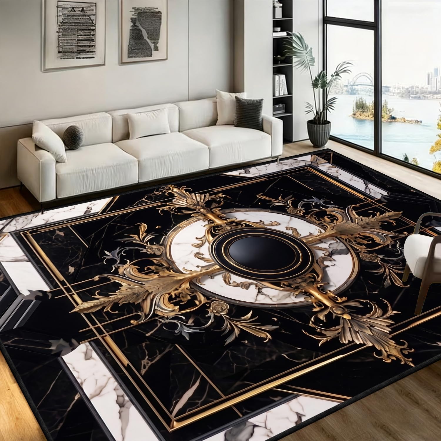 Bycmuoz Luxury Black and White Marble Rug, 180x300cm, Non-Shedding with Black Edging, Gold Baroque Medallion Carpet for Living Room, Ornate Vintage Classic Decor