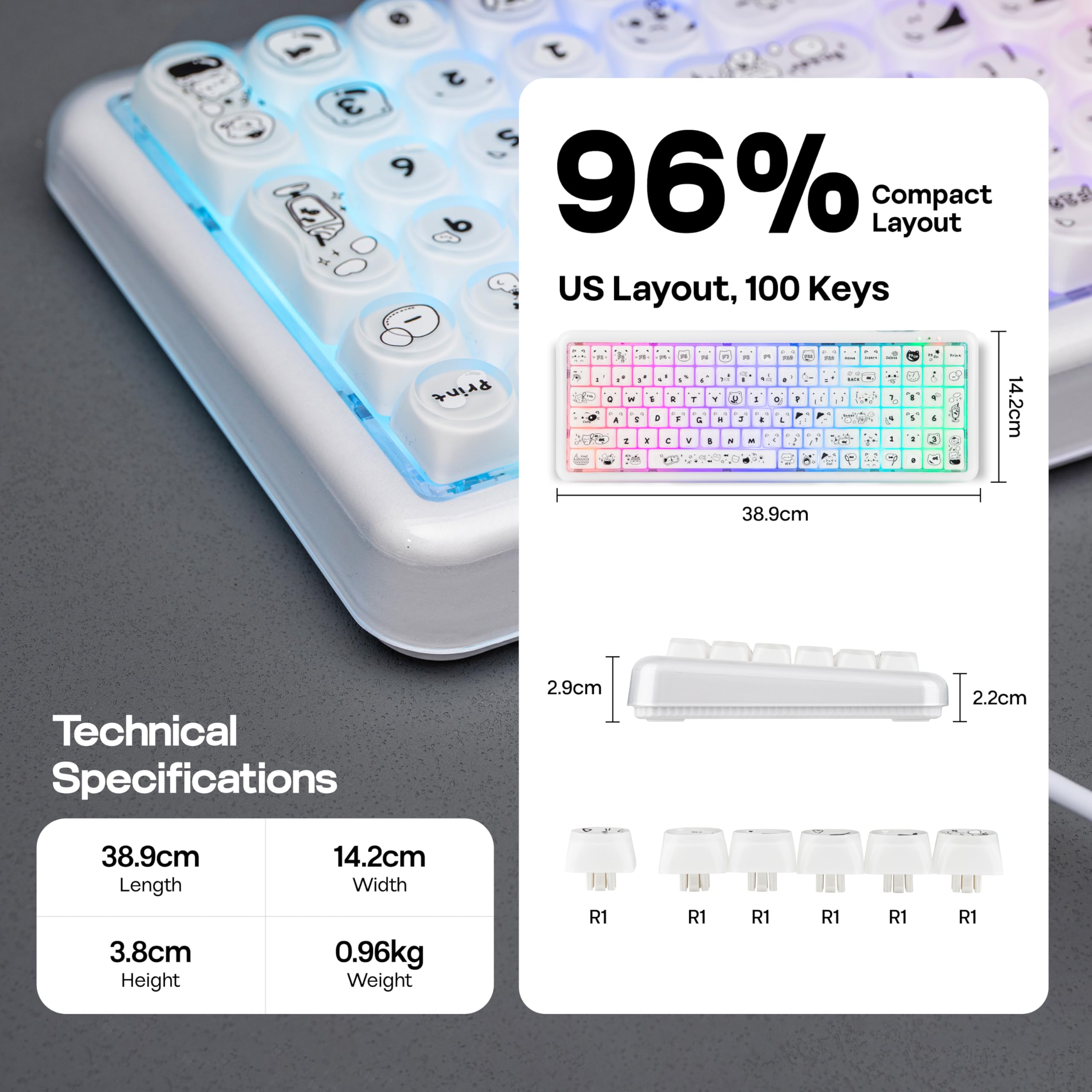 MechLands X Maorbeng X100 PRO Tastiera da gioco a membrana con tastierino numerico, retroilluminazione RGB, tastiera wireless per computer con batteria da 5000 mAh, BT/2.4G/USB-C, layout al 96% per