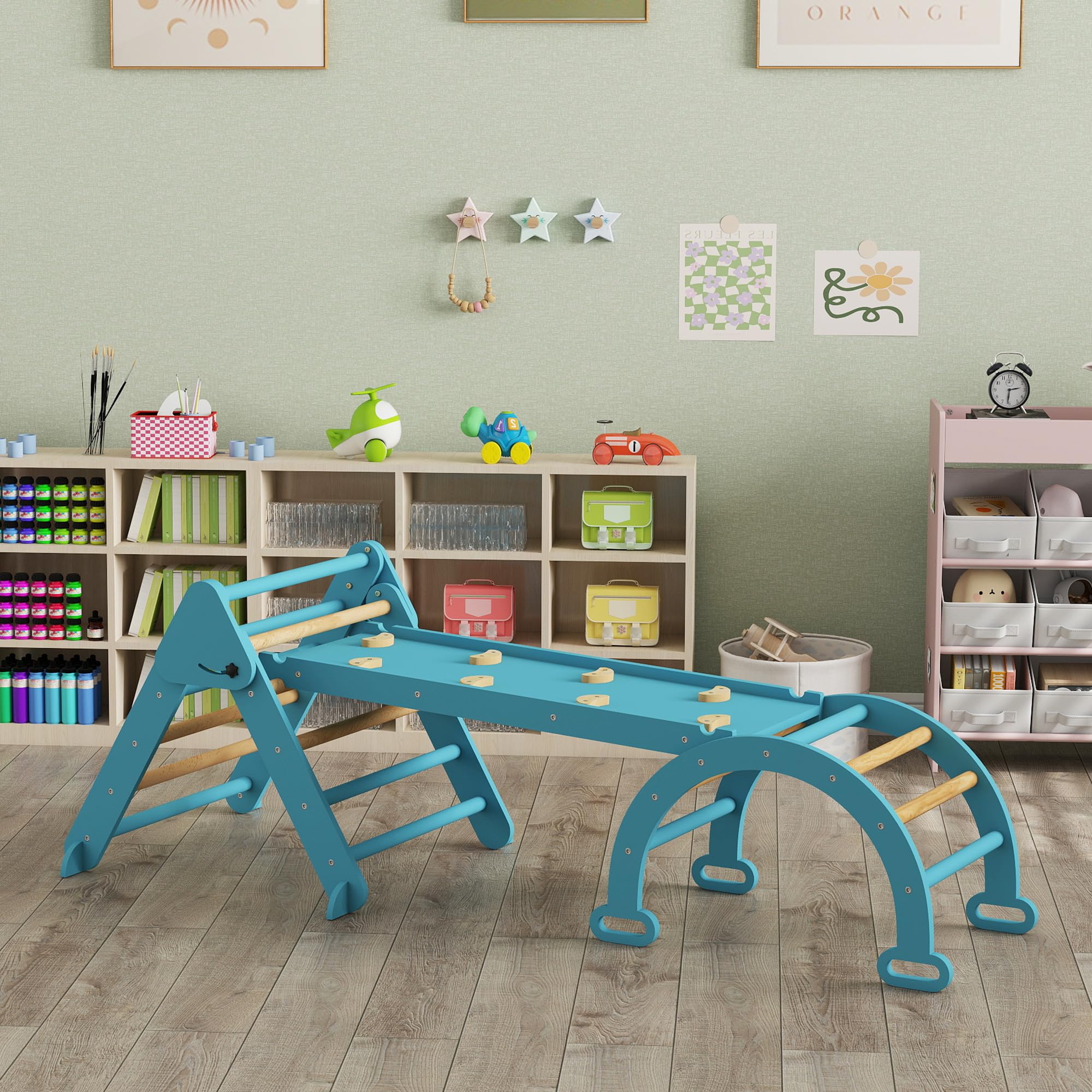 AIYAPLAY 7 en 1 Triángulo de Escalada Montessori con Arco y Rampa, Escalada para Niños de Madera Plegable, para 18-48 Meses, para Deslizarse o Escalar, 188x70 cm, Azul
