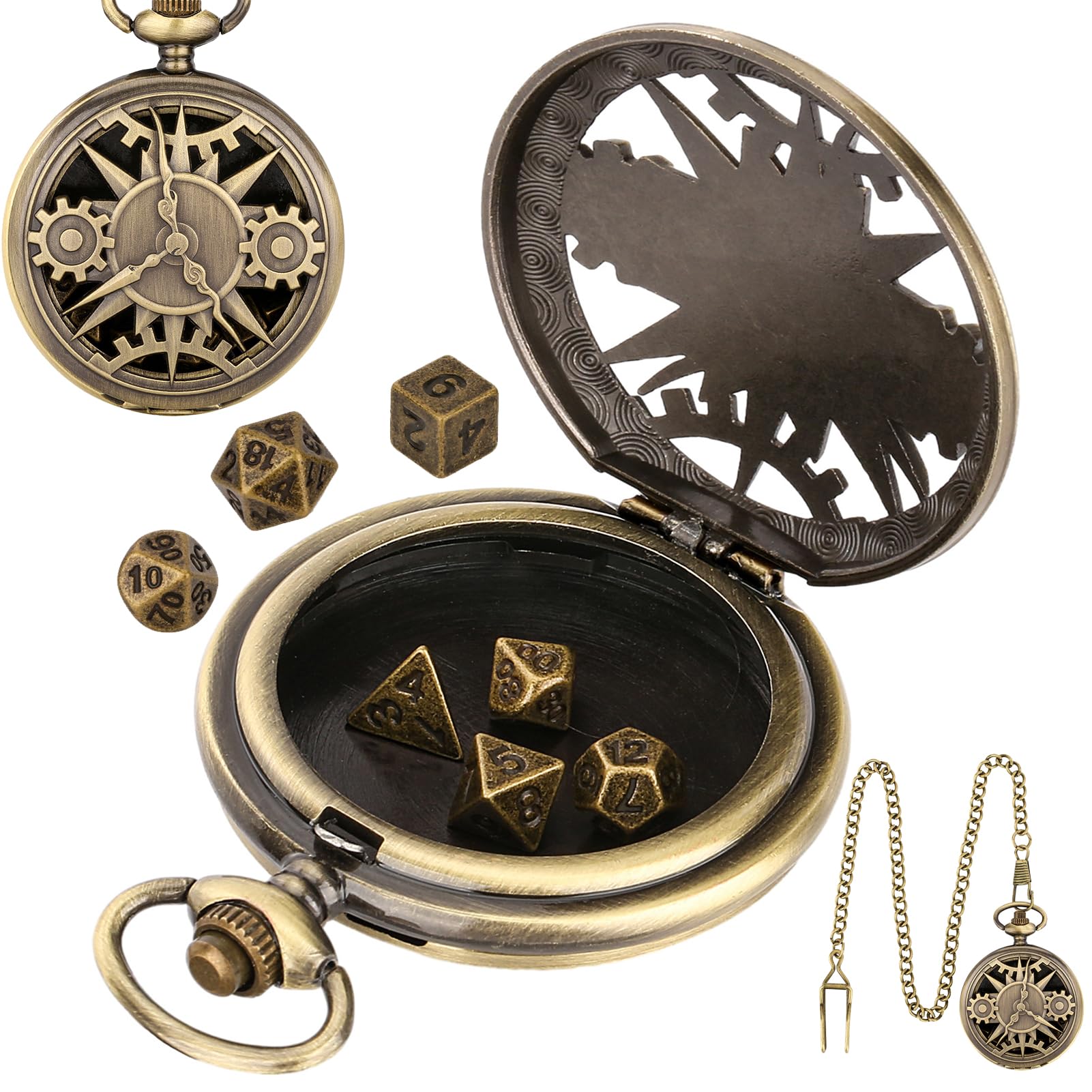 Mini DND Juego de dados con caja de reloj de bolsillo lisa, color bronce, 7 piezas D&D juego de dados de metal, mini Dice Set Locket, Dungeons and Dragons, regalos, juegos de rol, accesorios de juego