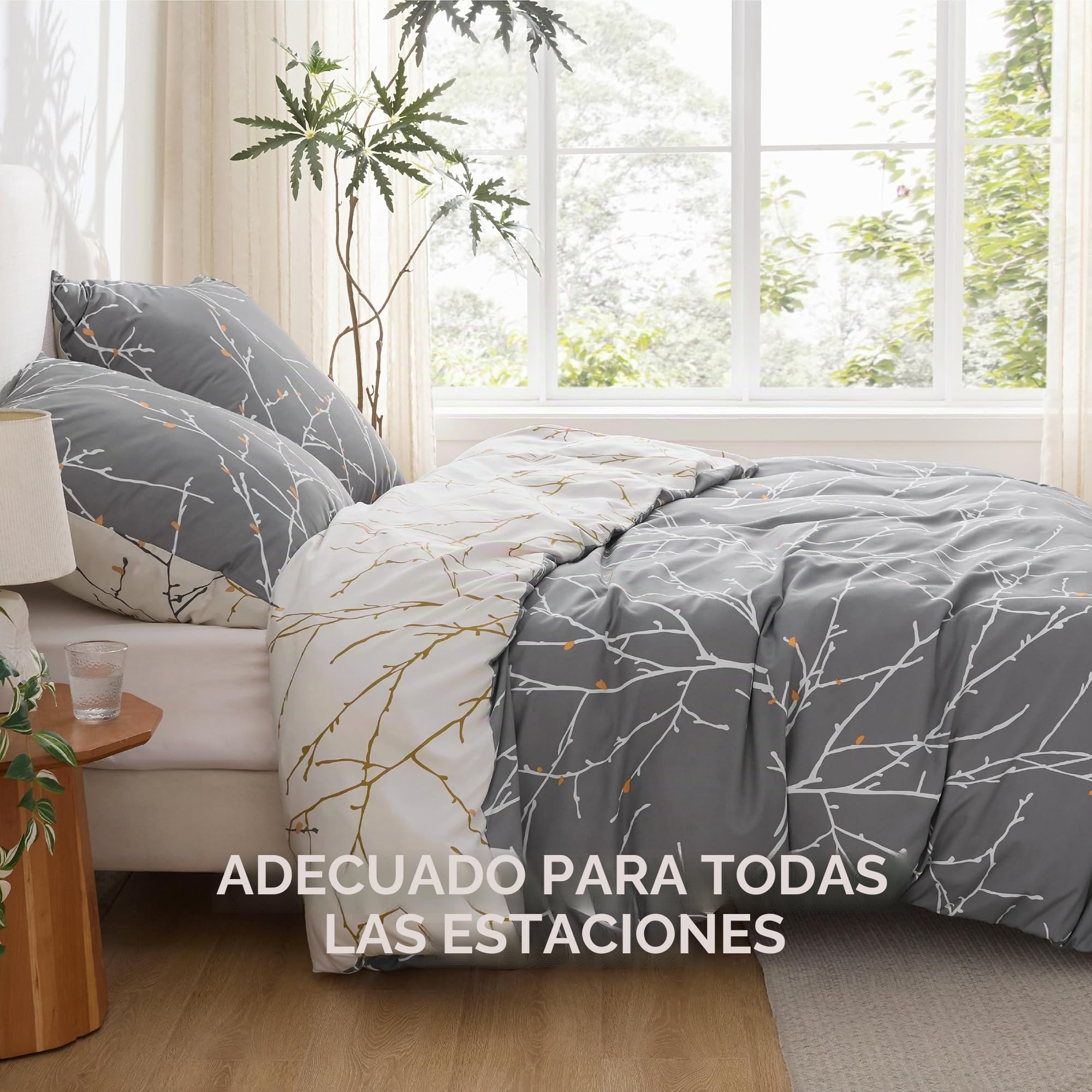 BEDSURE Ropa de cama de 135 x 200 cm, 4 piezas, funda nórdica de 135 x 200 cm, juego de 2 unidades con 2 fundas de almohada de 80 x 80 cm, certificado Öko-Tex reversible, diseño de ramas, color gris
