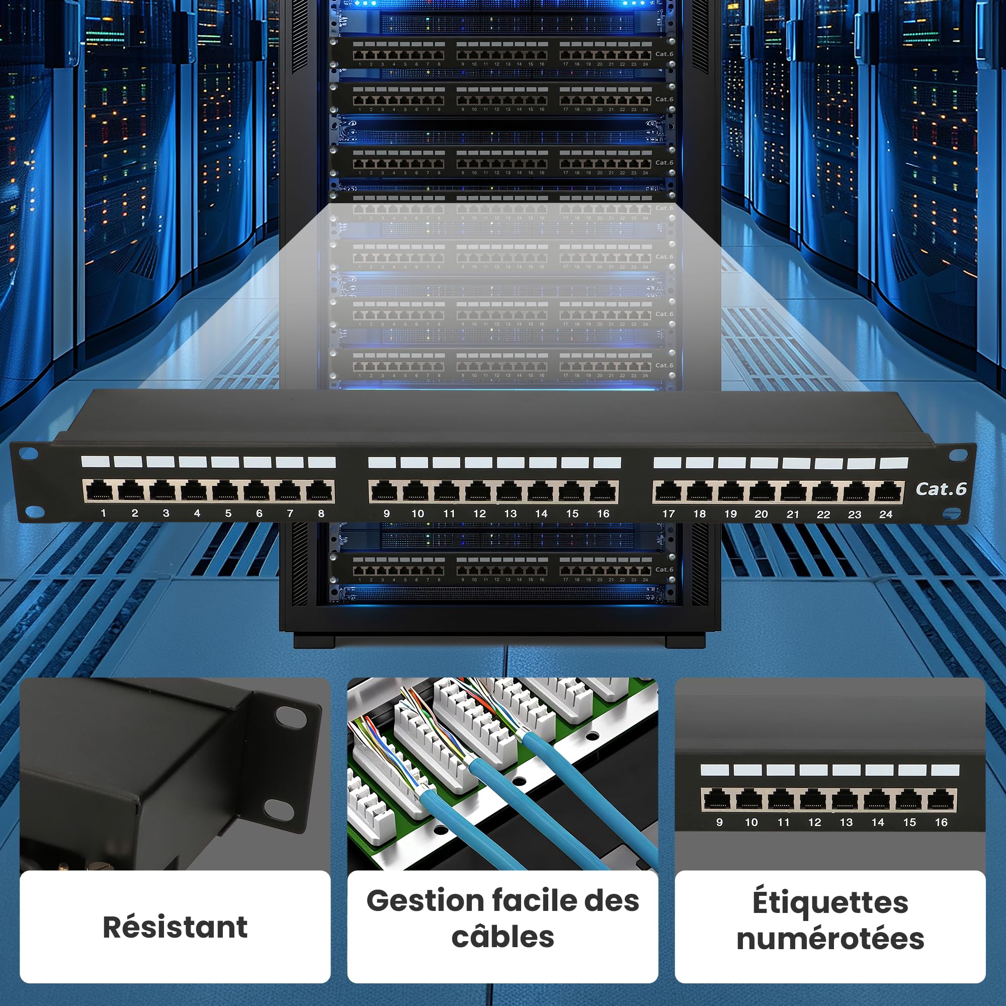 Extralink Panneau de Brassage 24 Ports RJ45 Cat 6 STP 19 Pouces 1U Rack | 24 ports RJ45 de catégorie 6 réunis sur une seule unité : 482,6 mm de large pour toute baie de brassage 19 pouces.
