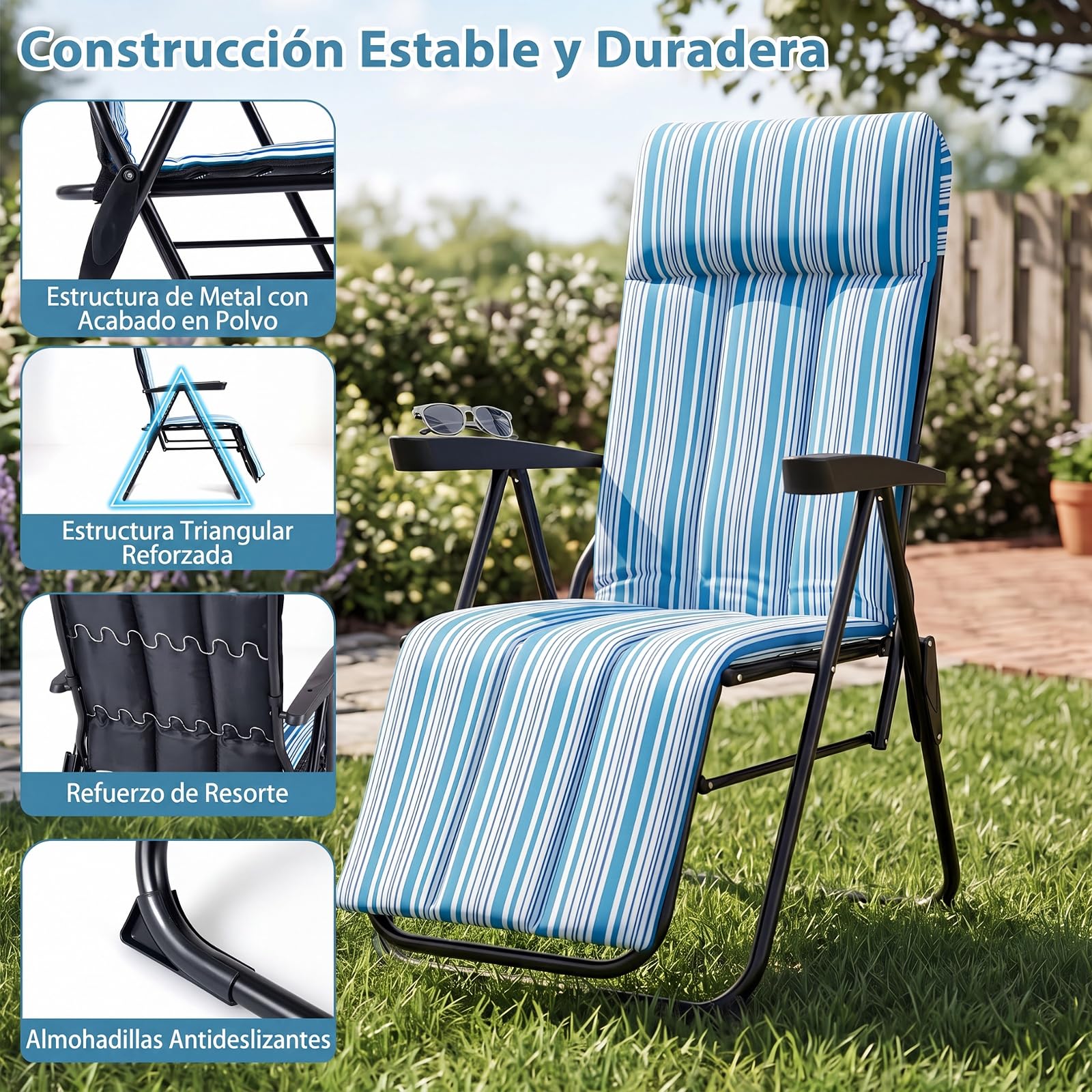 COSTWAY Hamaca Jardin Tumbona Plegable, Sillas Playa Reclinable | Respaldo en 6 Posiciones, Cojín Acolchado y Apoyabrazos, Tumbona Portátil Terraza Piscina Camping, Carga 150 kg