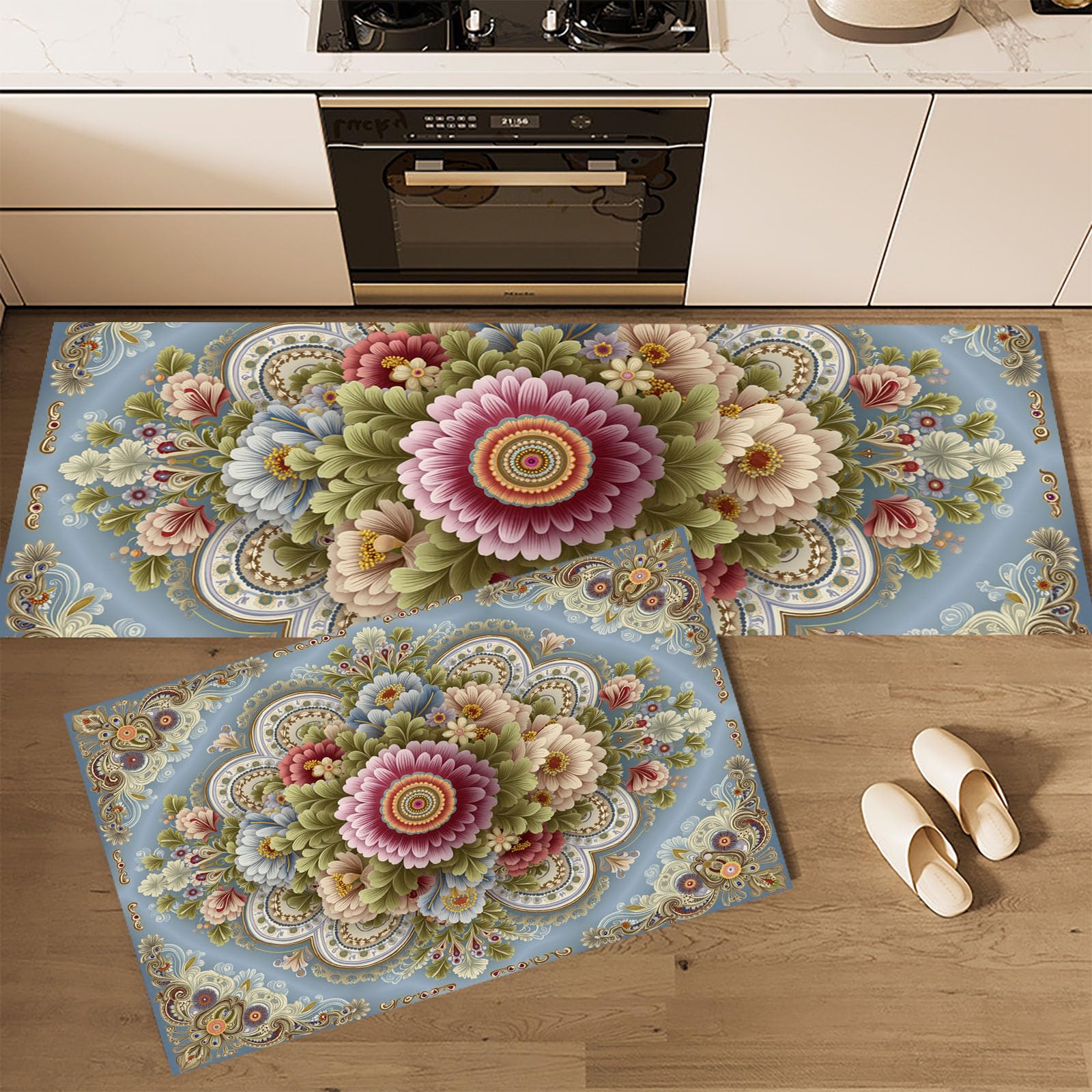 Juego de tapetes de cocina premium con elegante diseño floral tridimensional
