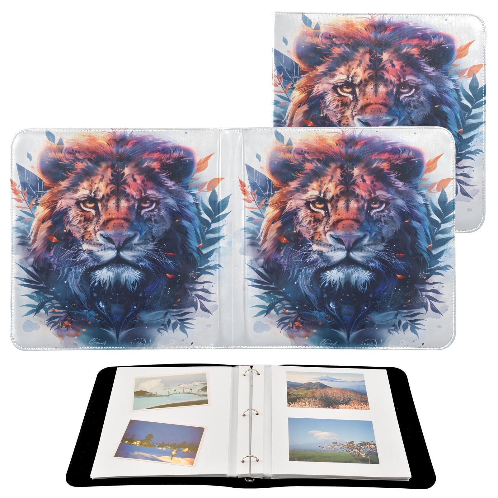 JIPONI Lion Head Magic Large Photo Album, DIY Leather Cover Scrapbook Albums for 4x6 5x7 6x8 Pictures, Self Adhesive Memory Book for Wedding, Baby, Family