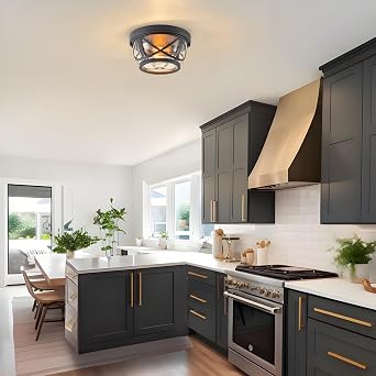 Oil-rubbed Bronze Flush Mount Ceiling Light Fixtures, 2-Light Farmhouse Porch Light Ceiling Mount with Seeded Glass, Industrial Outdoor Indoor Flush Mount Light Fixture for Kitchen Entryway & Foyer