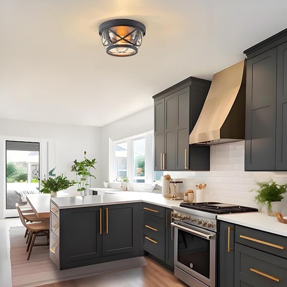 Oil-rubbed Bronze Flush Mount Ceiling Light Fixtures, 2-Light Farmhouse Porch Light Ceiling Mount with Seeded Glass, Industrial Outdoor Indoor Flush Mount Light Fixture for Kitchen Entryway & Foyer