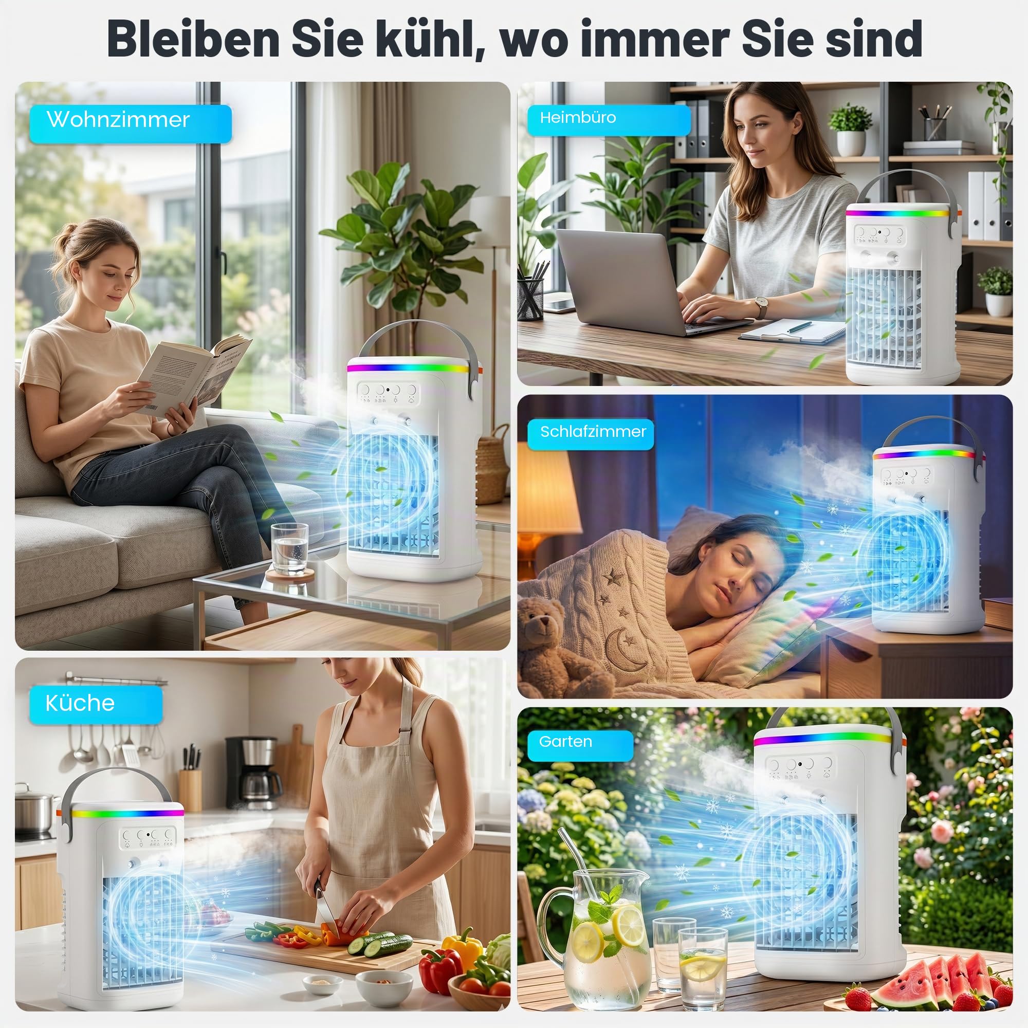 Mini Klimaanlag, 4 in 1 Mobile Klimaanlage ohne Abluftschlauch, Luftkühler mit Wasserkühlung, 3 Geschwindigkeiten & 2 Nebelmodi, Leiser USB Luftkühler mit 7 Farben LED für Zimmer Büro Schlafzimmer