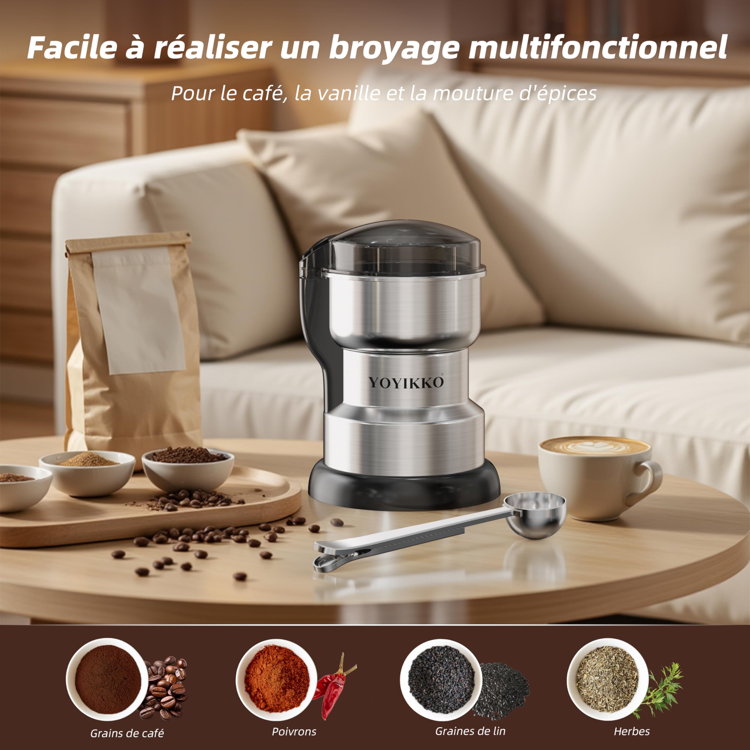 Moulin à café électrique multifonction, Macinacaffè, Machine à café réglable pour Espresso/Gocciolamento/Expédition. Macinacaffè Pour café, épices et autres aliments (argent-148)