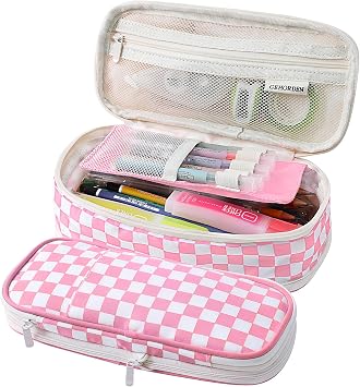 Checkered Pencil Pouch Big Capacity for Teens Girls Pink