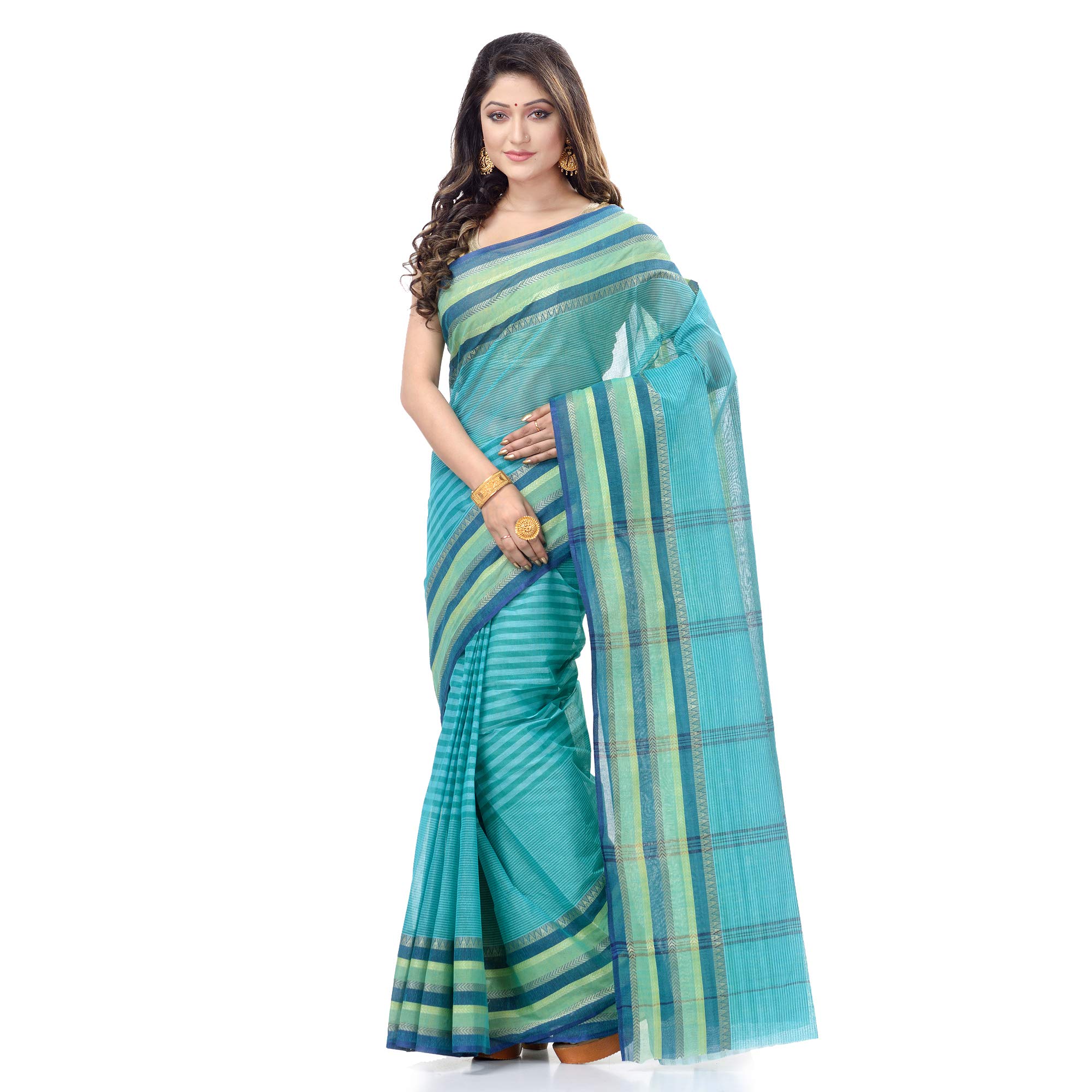 Women`s Bengal Tant Khejur Chori Design Pure Handloom Cotton Saree Without Blouse Piece (Light Green Blue)