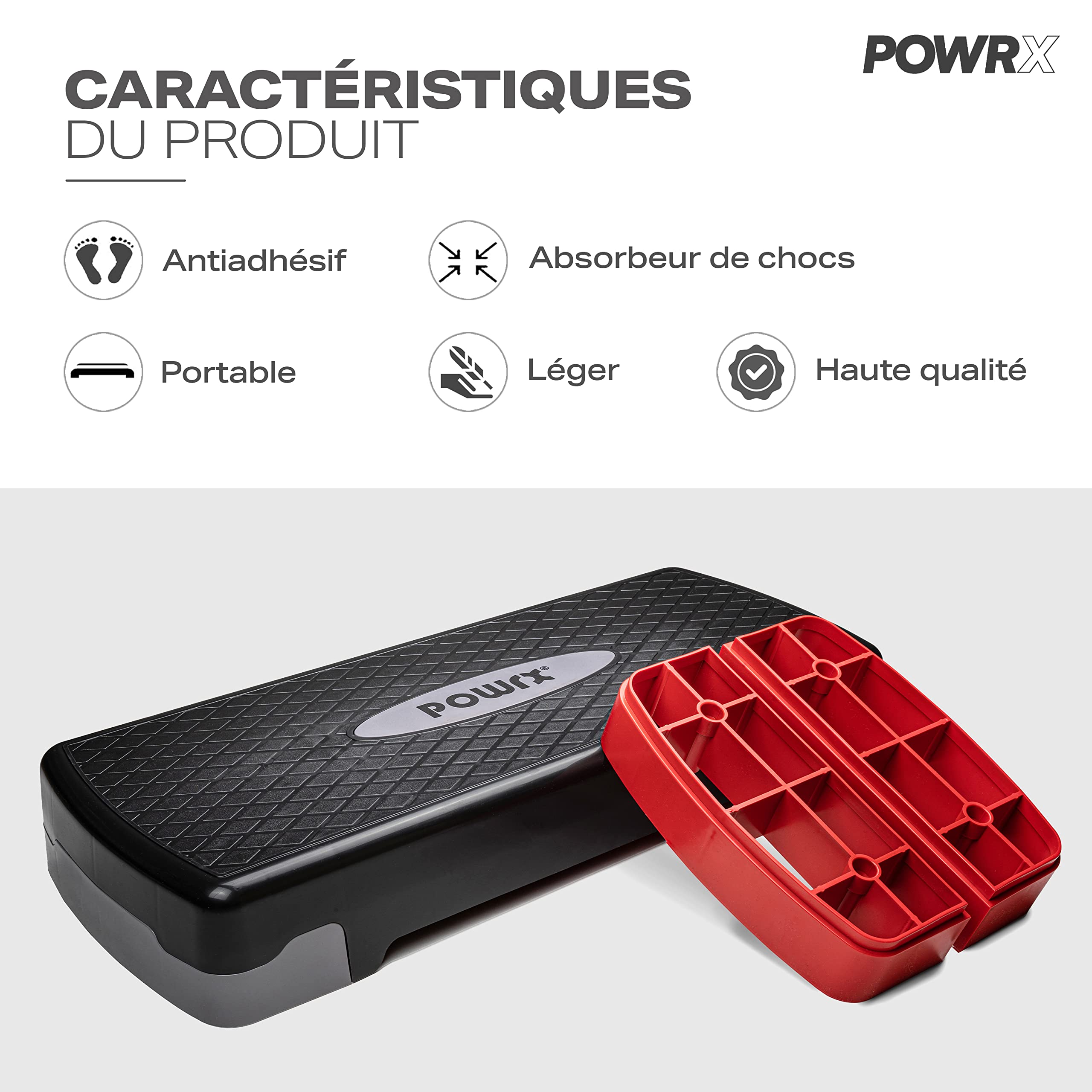 POWRX Step Aerobic (68 x 28,5 cm) - Stepper de Fitness idéal pour Les Exercices à Domicile - Hauteur réglable et Surface antidérapante (Noir/Rouge)