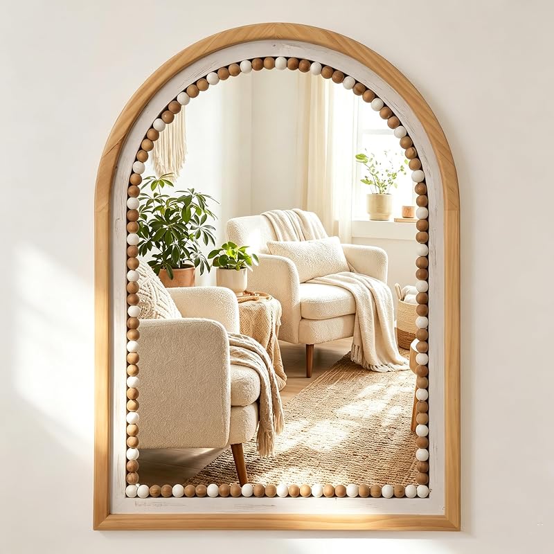 Arched Wall Mirror,Wood Farmhouse Boho Vanity Bathroom Mirror | 22"x30" Arch Wooden Rustic Decorative Beaded Mirror for Entryway, Living Room,Bedroom