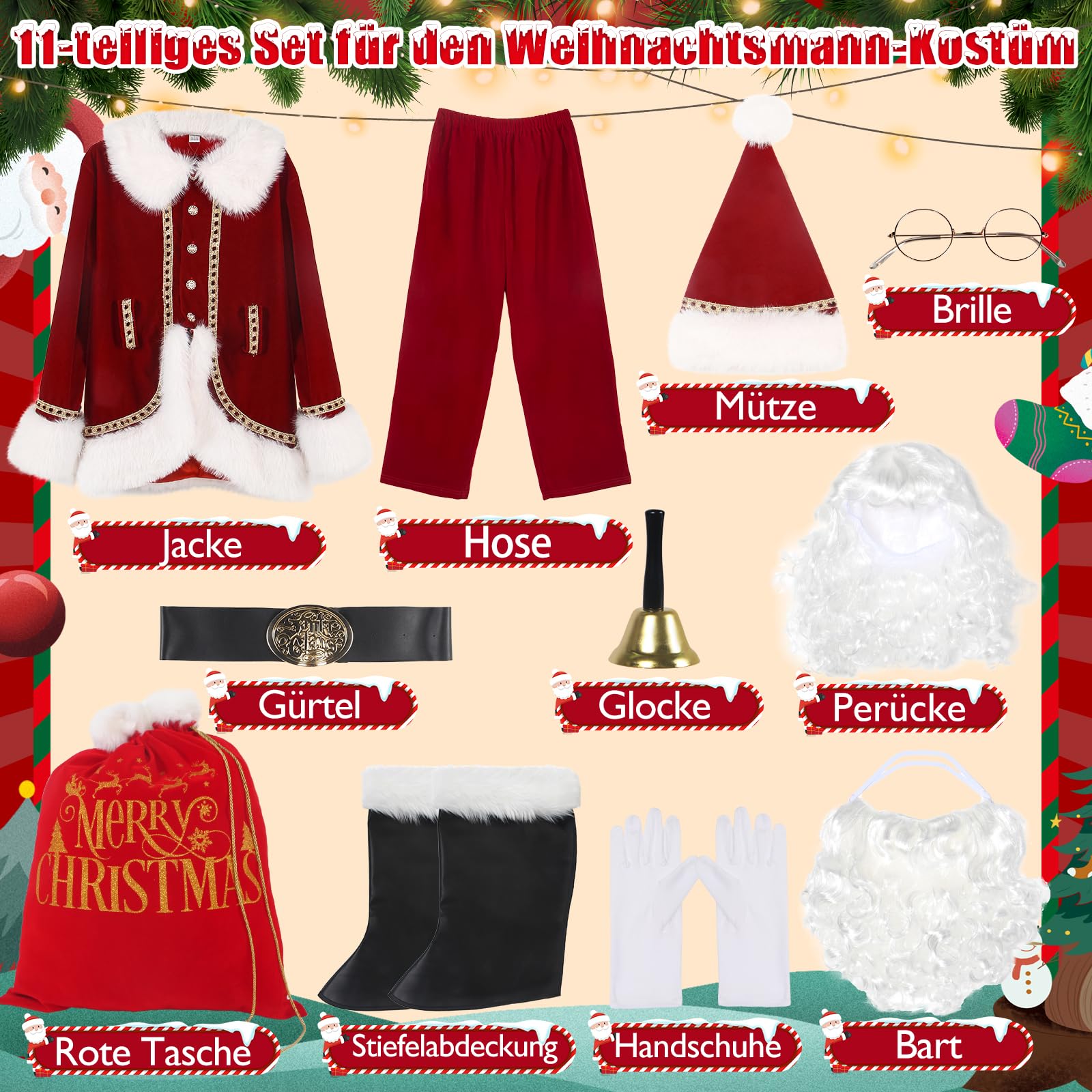 Weihnachtsmann Kostüm für Männer Deluxe professioneller Santa-Anzug für Erwachsene 11 teilig Rotes Herren Outfit Weihnachtsklaus-Suiten für Erwachsene