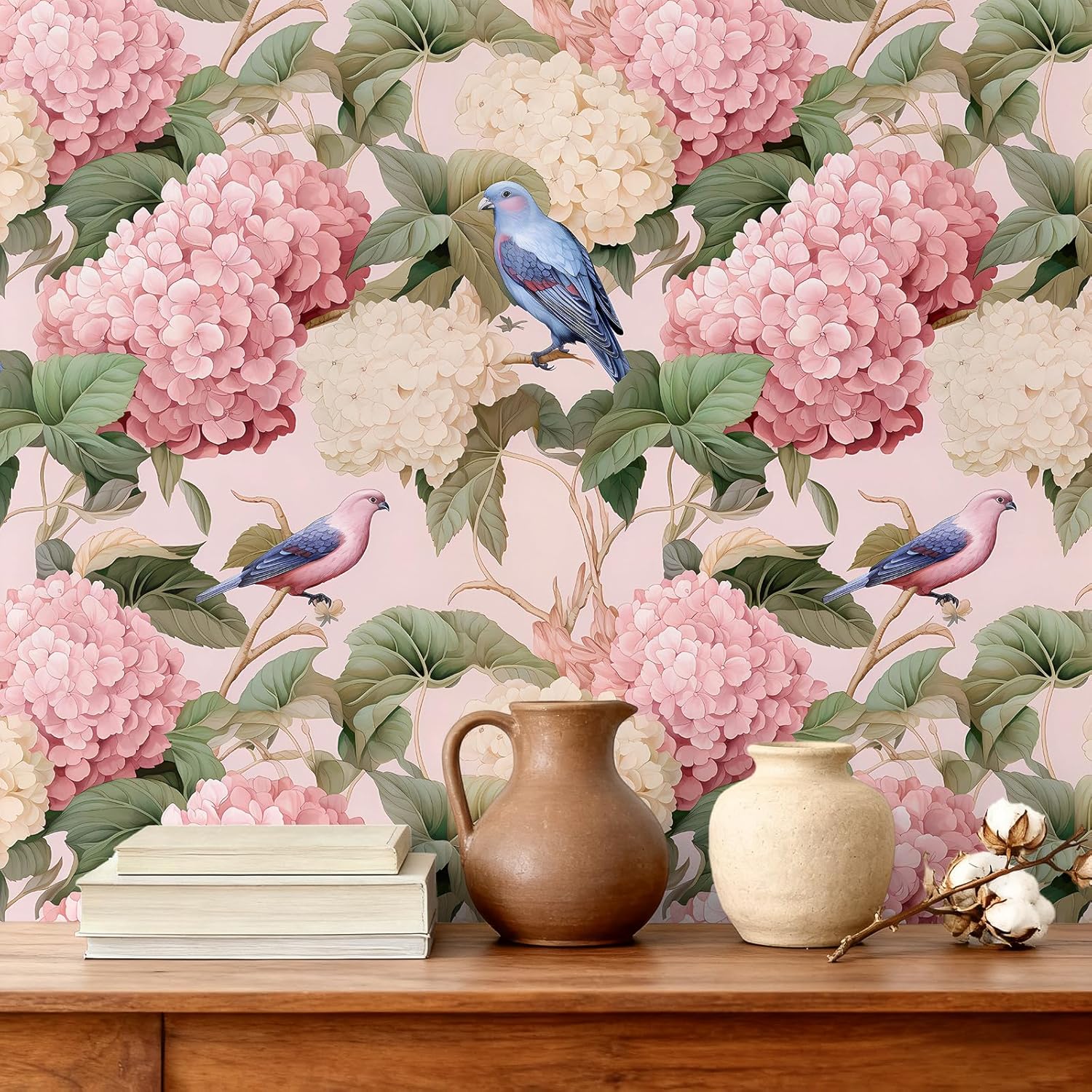 VEELIKE Pink Hydrangea Floral Peel and Stick Wallpaper Vintage Bird Wallpaper for Bedroom Living Room 17.7''x354'' Removable Self Adhesive Contact Paper Hydrangea Wall Mural for Girls Room Bathroom