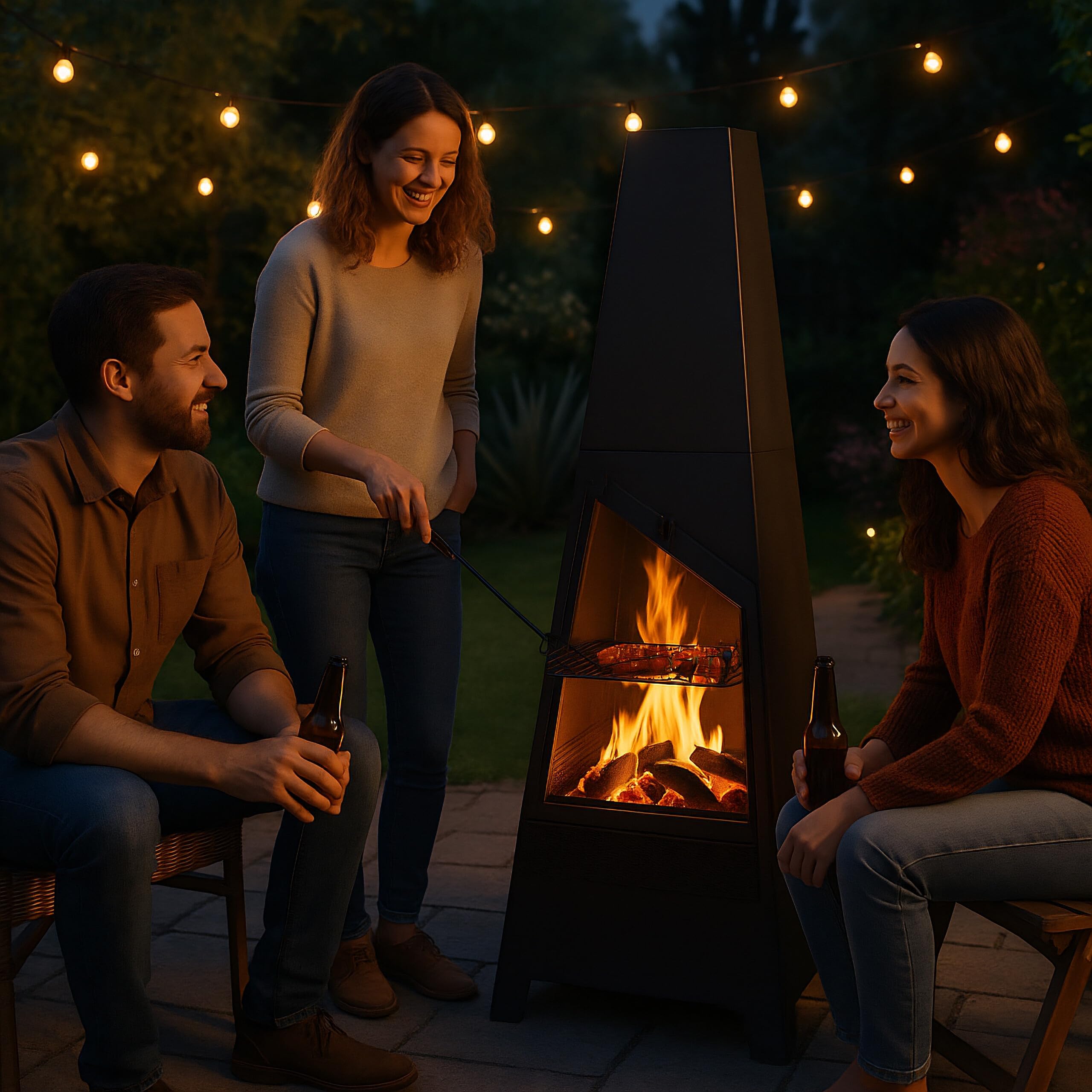 Relaxdays Kominek ogrodowy z funkcją grillowania, stal, ochrona przed iskrami, pojemnik na popiół i pogrzebacz, zewnętrzny piec tarasowy, czarny