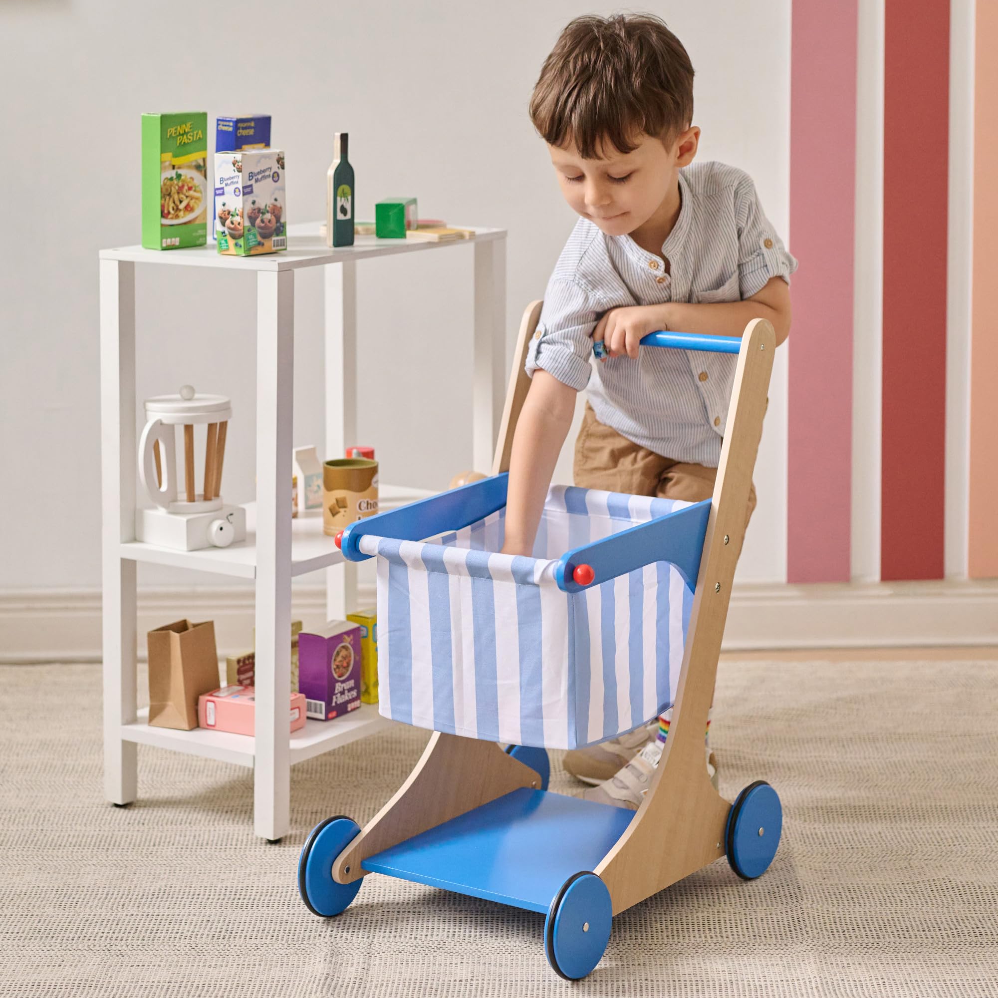 Teamson Kids Carrello della Spesa Little Helper Mr. Fresh, Gioco di Ruolo, per Bambini dai 3 Anni, 44,6x32,4x60 cm, Blu, Legno, con 13 Alimenti e Cestino in Tessuto, 2,4 kg