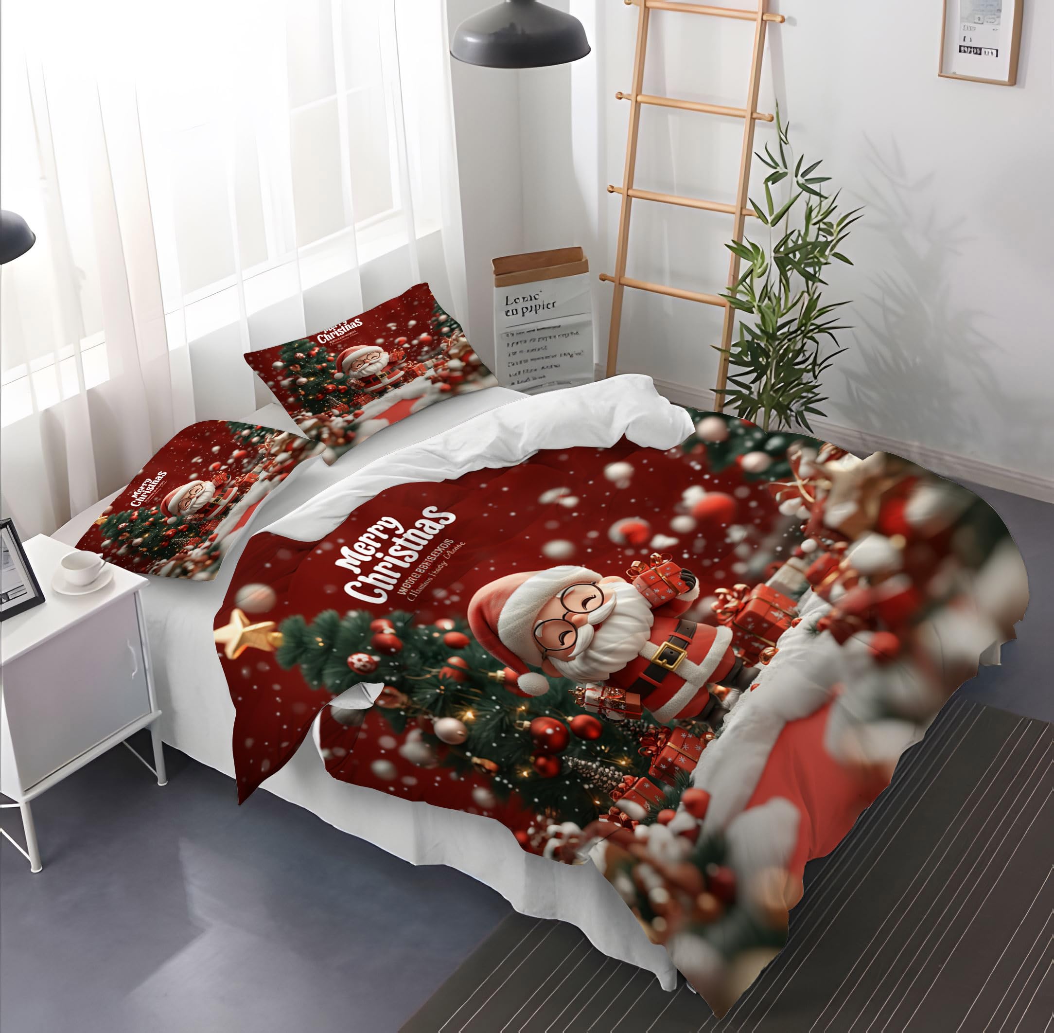 Zestaw Pościeli Z Motywem Świętego Mikołaja Z Kreskówek 135 x 200 cm Poszewka na Kołdrę Z Motywem Choinki Zimowa Scena Śnieżna Poszewka na Kołdrę Motyw Świąteczny Czerwona Pościel Posze