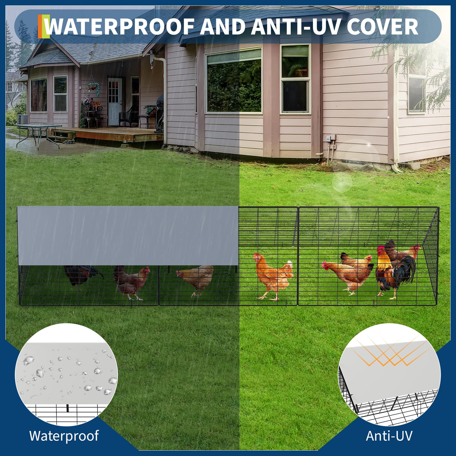 Túnel de metal para pollos con cubierta impermeable y anti-UV, corral de pollo para patio, granja de patio al aire libre, gallinero portátil para gallinas, patos, conejos (118.8 x 28 x 24.2 pulgadas)