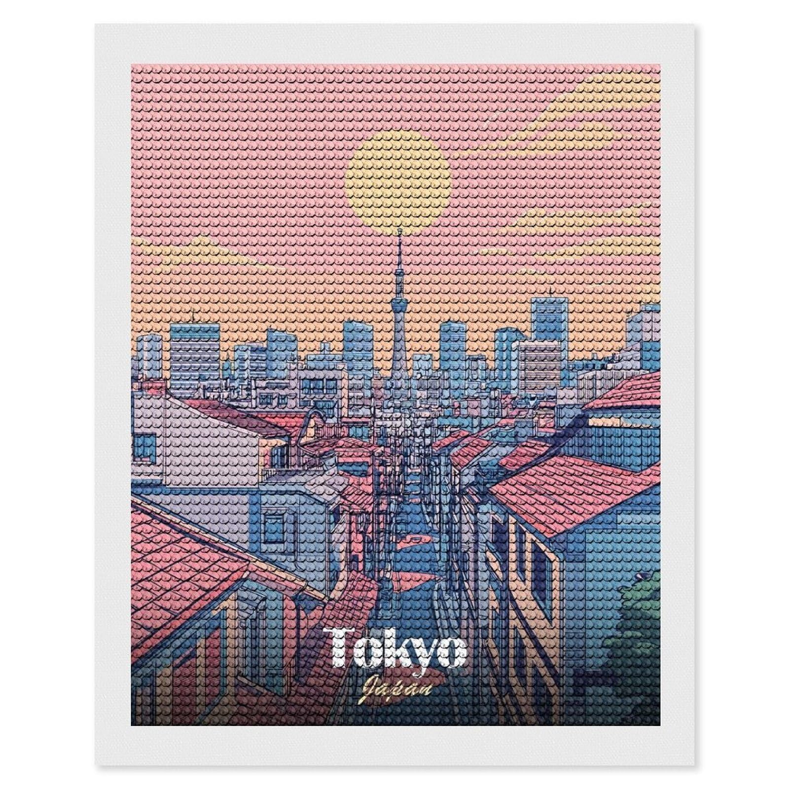 Junmoney Tokyo Skyline Illustration Diamond Art Canvas 16"x20", for Adults, Mindful Craft Activity, Modern Decor, Christmas Gift, Full Kit Included