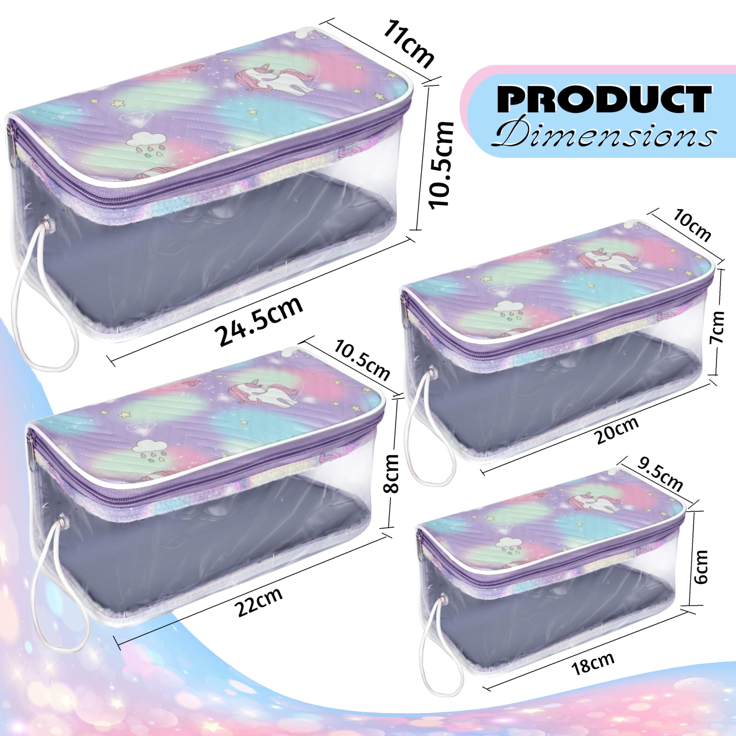 Storite Levendar - Bolsa transparente para cosméticos con estampado de unicornio, organizador de maquillaje, accesorios de joyería, bolsa de aseo con cremallera y asa para mujeres, accesorios de viaje