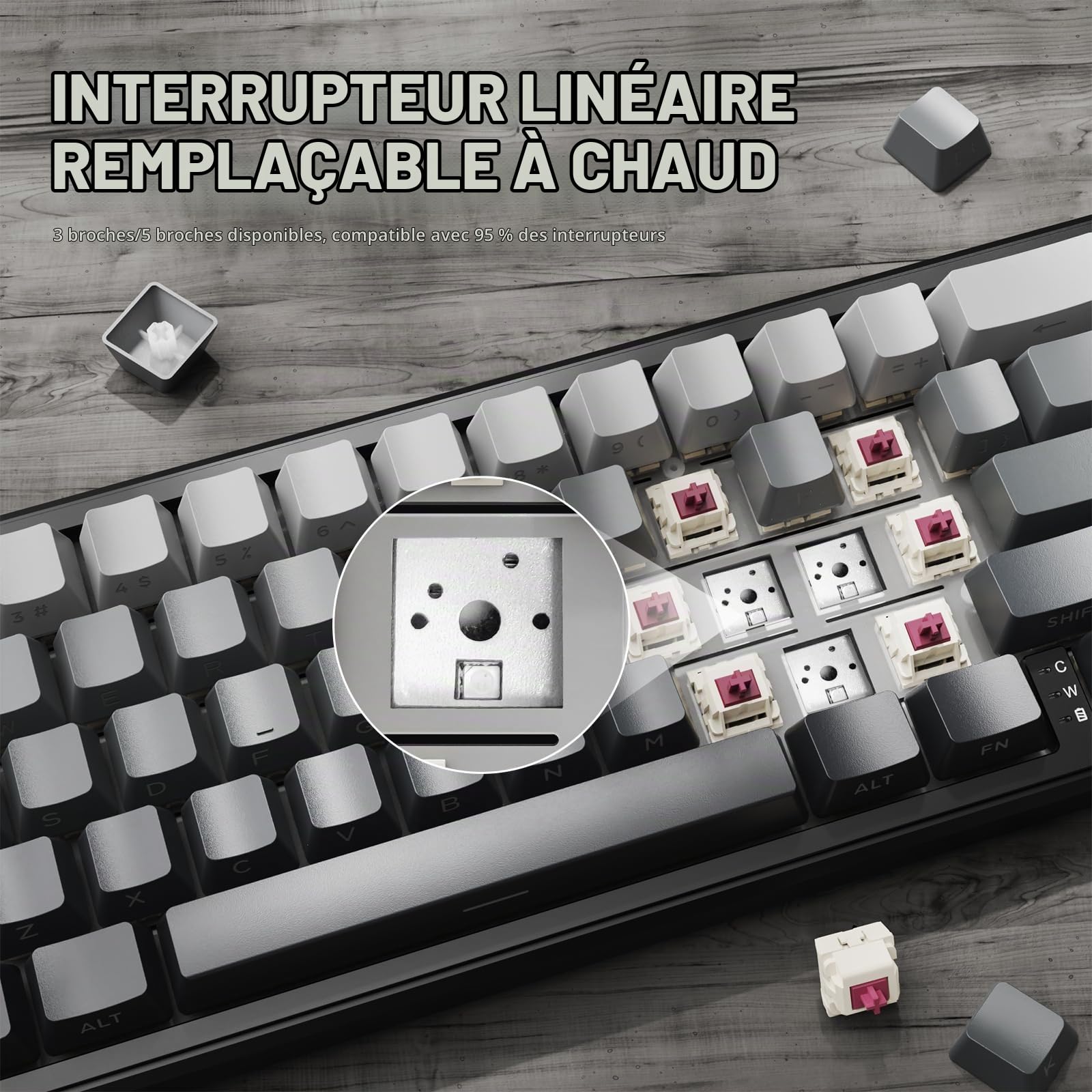 LexonElec x Attack Shark X66 60% Clavier Mécanique sans Fil avec Bouton de Volume, Hot-Swap Switch Linéaire, 2.4G/USB-C/BT5.0, QWERTY PBT Keycaps, Mini Clavier de Jeu 66 Touches RGB pour Win/Mac-Gris