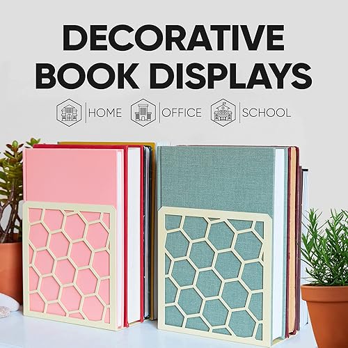 Miniatura 7 de Sujetalibros geométricos de panal amarillos de alta calidad para estantes, extremos de libro de metal para oficina, tapón de libro en forma de L,