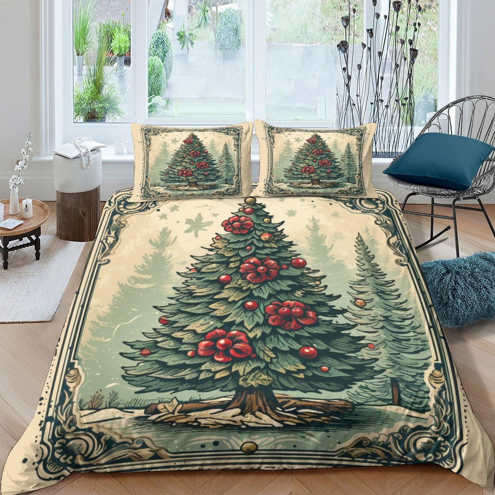 Housse de couette Noël imprimé 3D timbre vintage 3 pièces King 220x240cm microfibre