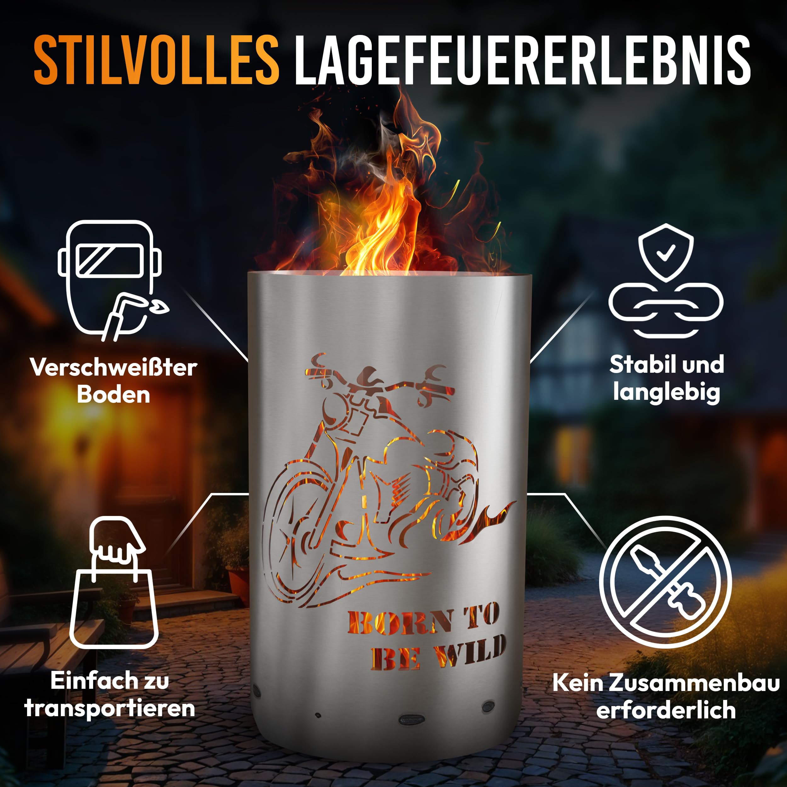 TiKo-Design® Feuertonne Feuerkorb mit Born to Be Wild Chopper Motiv