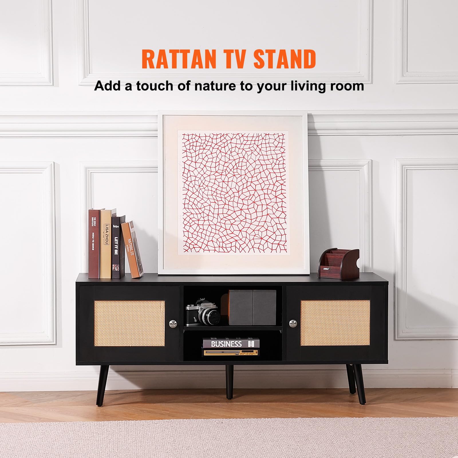 VEVOR Rattan-TV-Ständer, Fernsehschrank Boho-TV-Schrank für 140 cm Fernseher, Retro-TV-Ständer, Rattan-TV-Konsole mit verstellbaren Regalen & 2 Türen, für Wohnzimmer, Medienraum, Schwarz