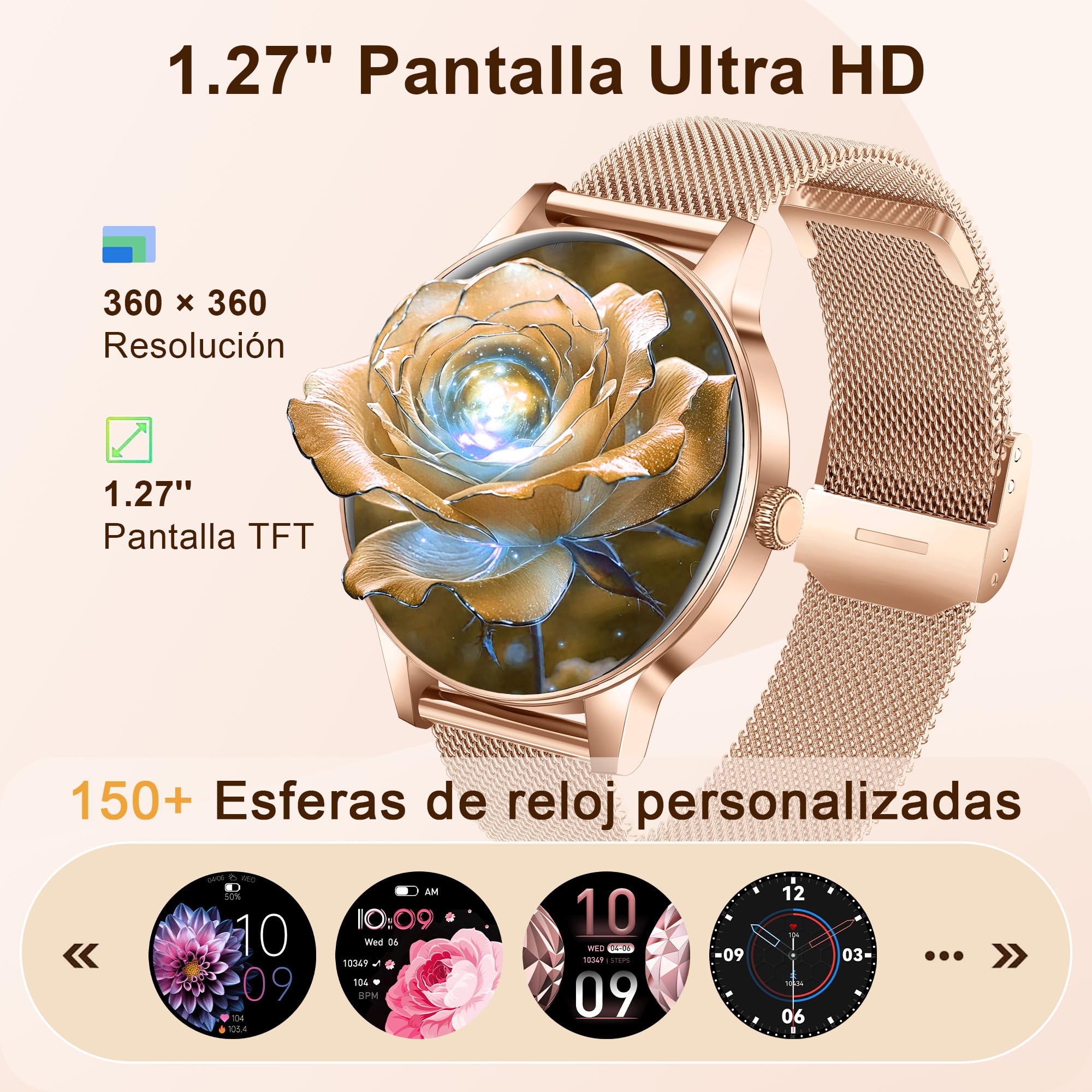 Reloj Inteligente Mujer con Llamadas Bluetooth, 1.27" HD Redonda | Reloj Salud para Android iOS, Monitor Sueño, Podómetro, Pulsómetro, 110+ Deportes, IP68 Impermeable,Oro Rosa