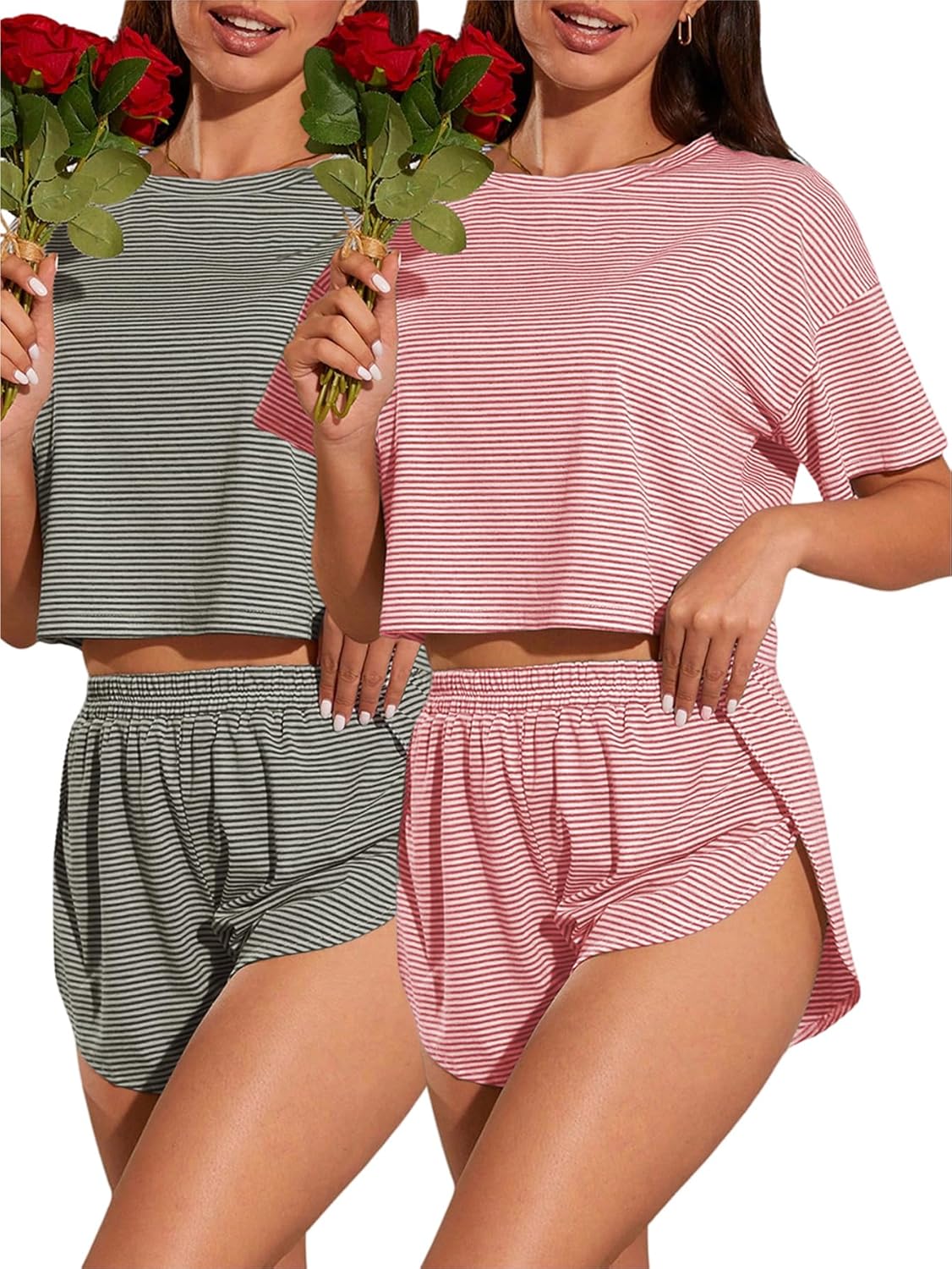 OYOANGLE Women's 2 Pack Pajama Set Striped Short Sleeve Tshirt and Split Shorts Cute Pjs Lounge Set Summer Sleepwear