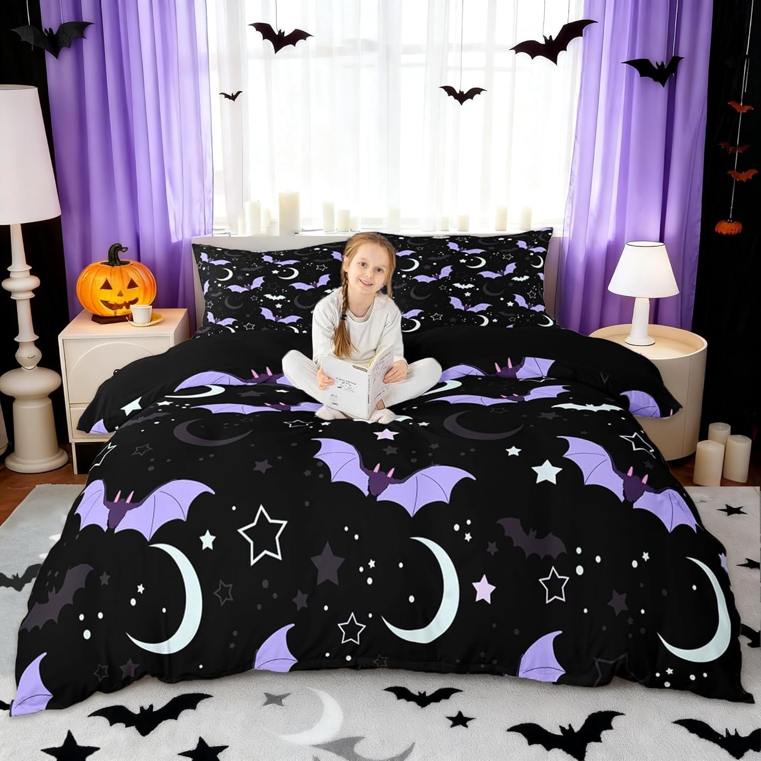 Halloween Bat Duvet Cover Set Full Size Cute Moon Starry Night Sky Bedding Set 3Pcs Purple Black White Comforter Cover for Kids Girls Boys Room Decor Kawaii Cartoon Animal Quilt Cover,2 Pillowcases
