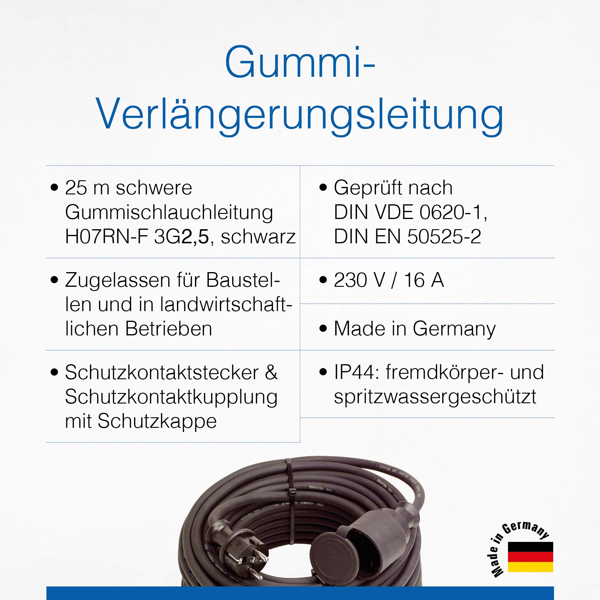 as - Schwabe Gummi-Verlängerungsleitung 230 V / 16 A – 25 m Kabel mit Schutzkontaktstecker, Schutzkontaktkupplung inkl. Schutzkappe – Verlängerungskabel Indoor & Outdoor – IP44 – Schwarz I 60384