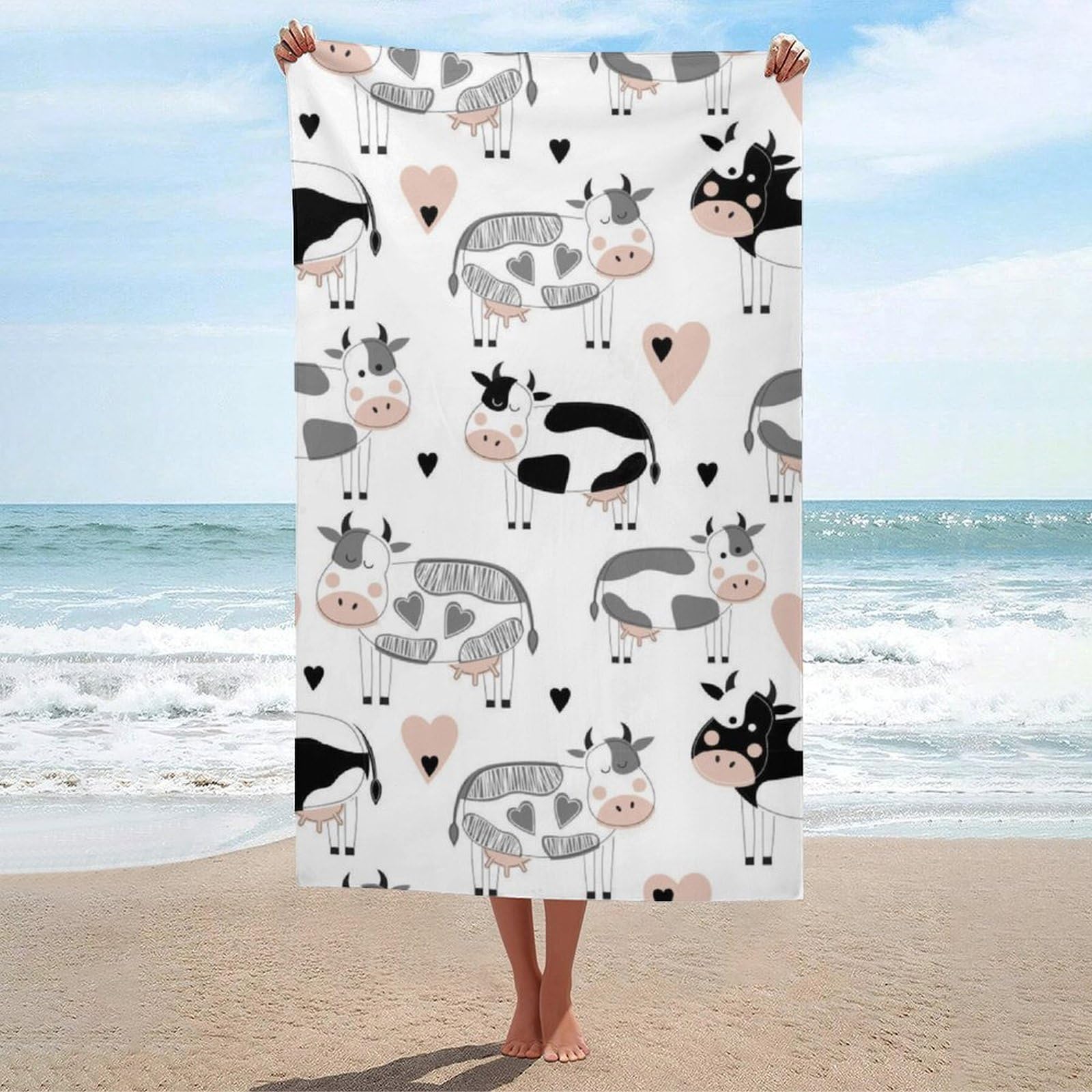 LEDFCVSU Beach Towel, Cute Cattle Cow Bath Towel, Absorbent Towel for Swimming, Sports, Travel