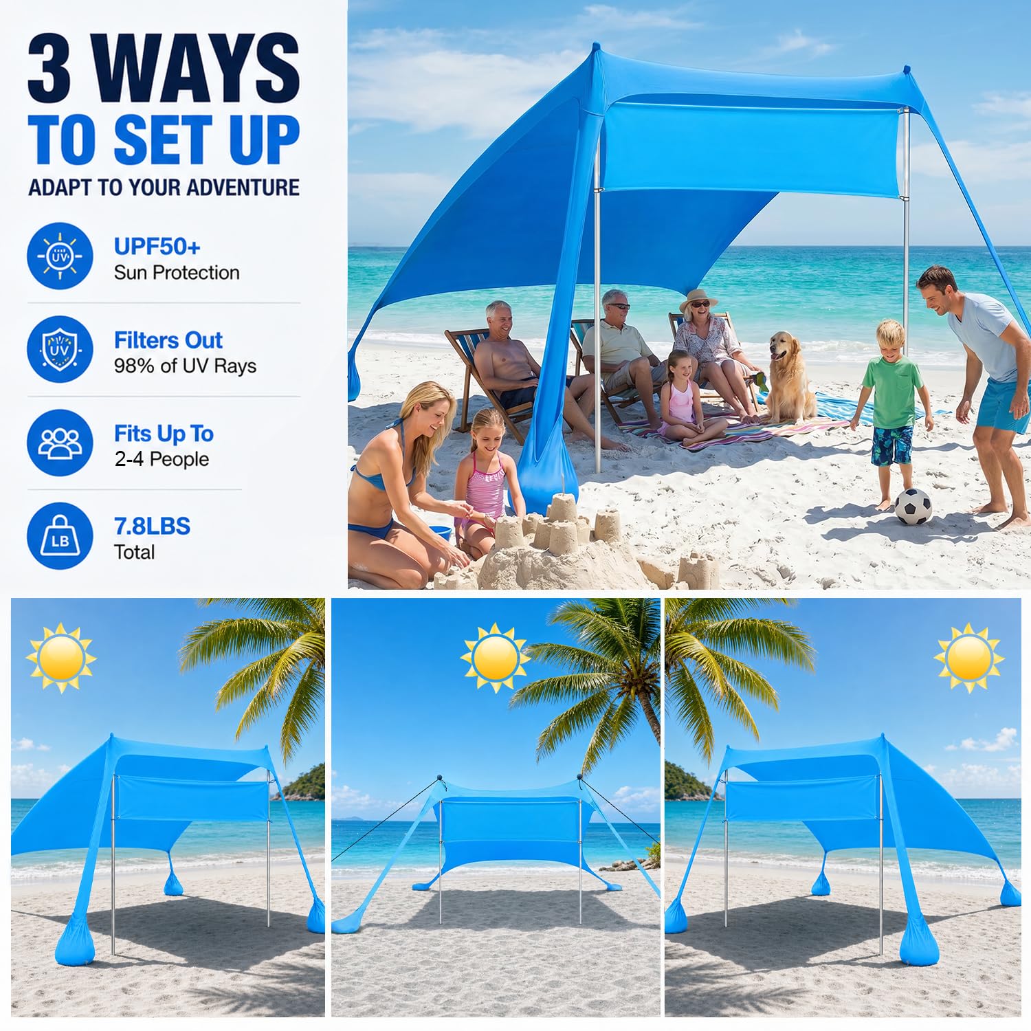 Tienda de playa portátil 2,1 m x 2,1 m, protección UV UPF 50+, con saco de arena y ancla, para playa, picnic, pesca, camping, azul