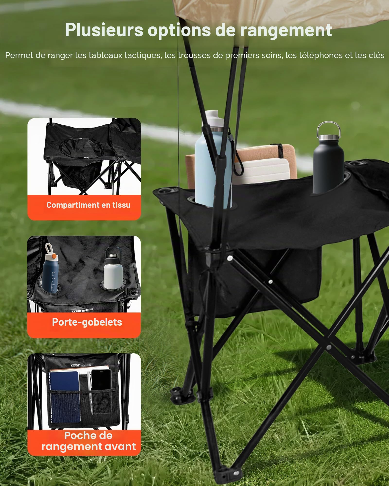 VEVOR Banc Pliant Portable à 6 Places, Banc de Camping Pliable avec Poches de Rangement, Porte-gobelets et Sac de Transport, siège latéral léger avec Pare-Soleil pour Football et Baseball, Noir