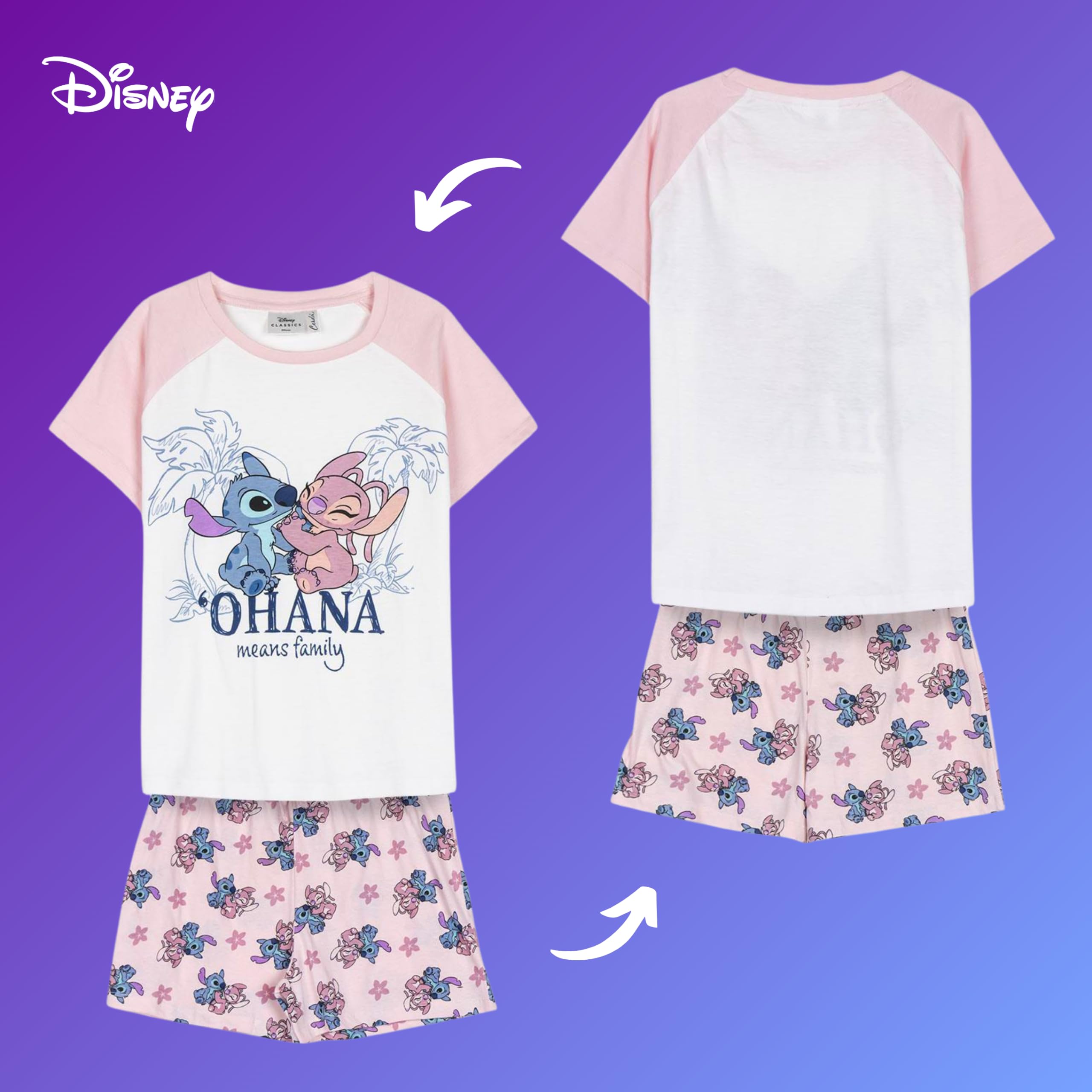 Disney Stitch T-Shirt et Short pour Fille, Pyjama en Coton Doux, Ensemble D'été 2 Pièces Stitch et Angel, Tailles 8 à 14 Ans