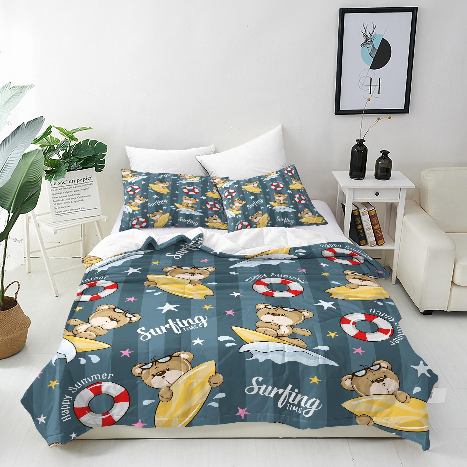 ANHOPE Bear Duvet Cover Set Soft Lightweight Microfibre Quilt Cover with 2 Pillowcase Cute Cartoon Animal Bear Surfing Print Pattern 3 Pcs Bedding Set with Zipper Closure Single 135 x 200 cm โ image 1
