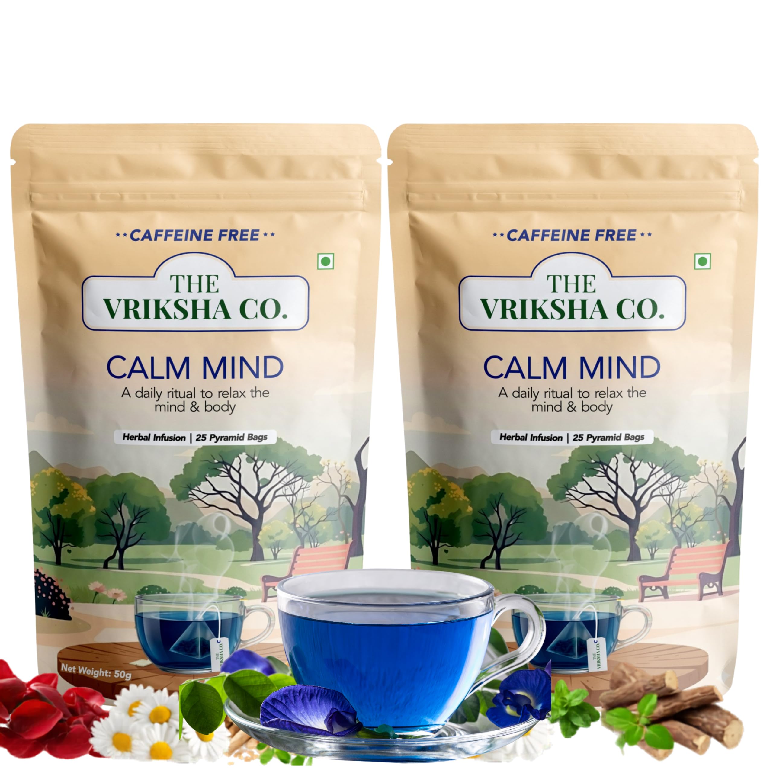 The Vriksha Co. Calm Mind for Stress Relief, Relaxation, Anxiety Support & Calmness | Ease Overthinking | Butterfly Pea Tea | Ashwagandha, Tulsi, Brahmi, Chamomile Tea | Caffeine-Free | 100% Natural | 25 Plant-Based Pyramid Tea Bag (Pack of 2)