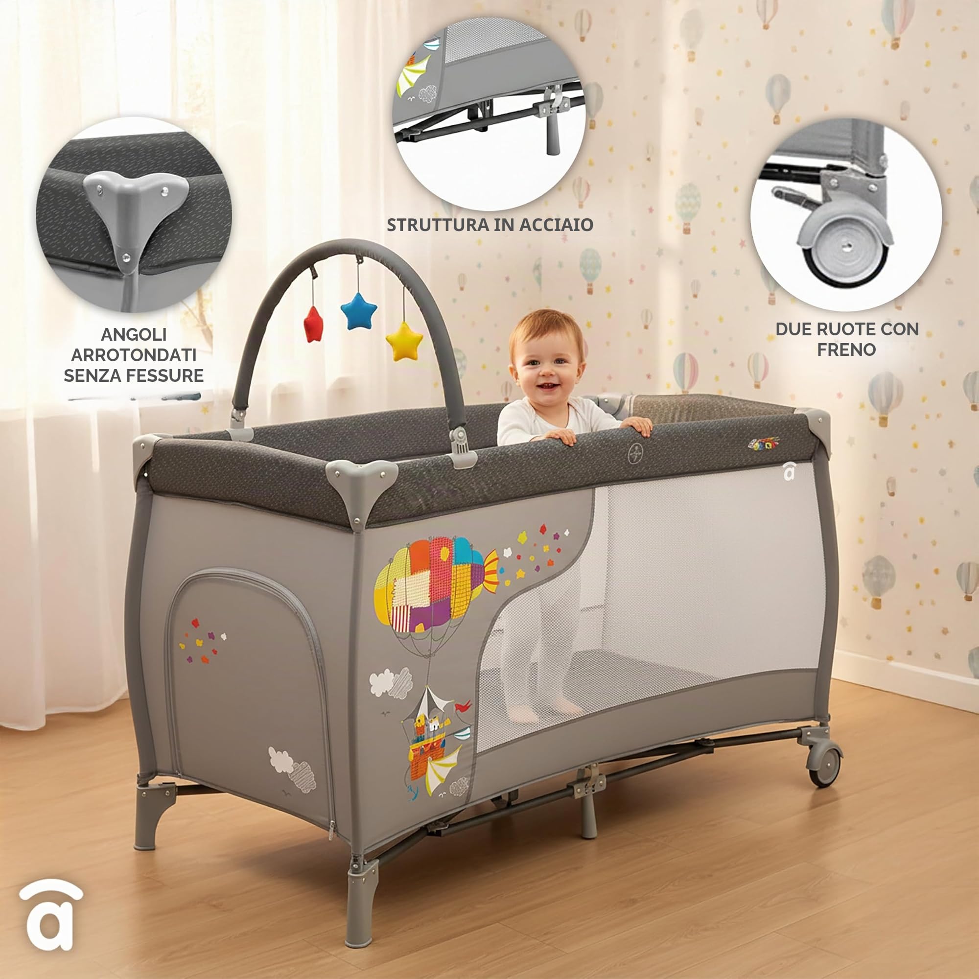 Asalvo Culla da viaggio 120 x 60 Mix Plus per bebè da 0 a 15 kg/3 EN 1. Culla, parco e cambiatore/Pieghevole in 30 secondi con altezza regolabile/grigio Zep