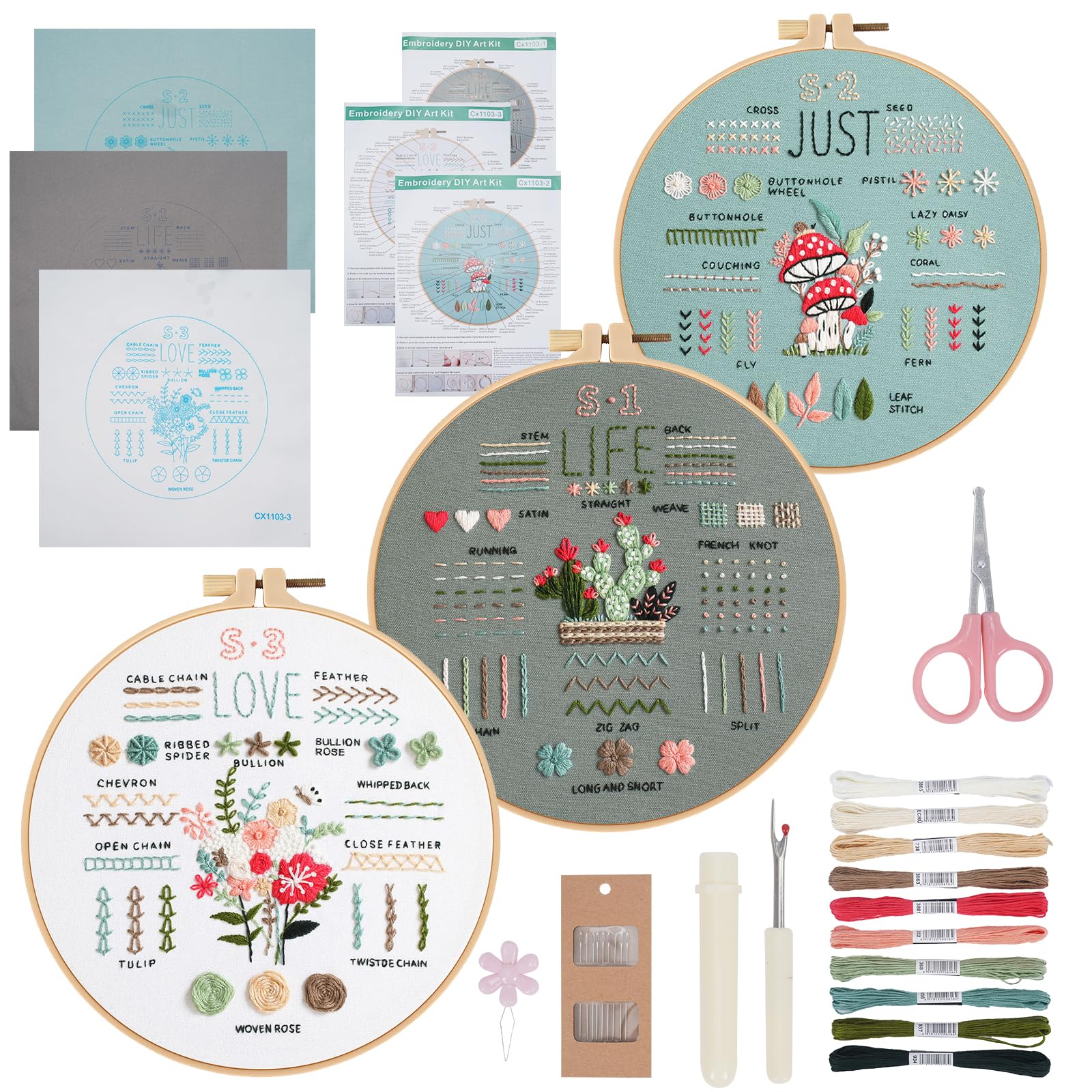 RUIJINGCC 3 Packs Embroidery Kits for Beginners,Cross Stitch Kits for Adults and Beginners,Easy to Learn 36 Different Stitches,Very Meaningful Gift