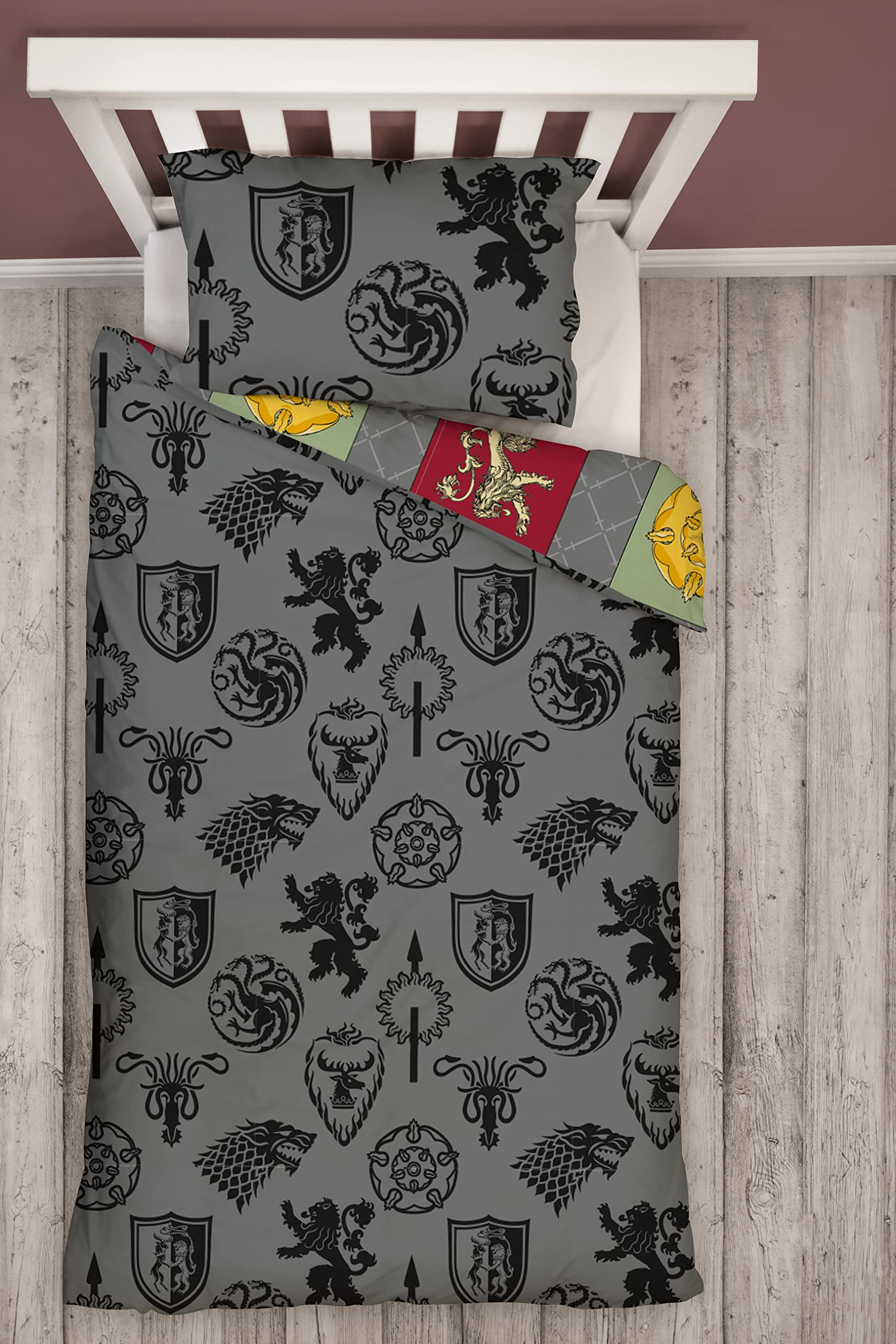 Game Of Thrones Set Copripiumino Singolo – Ufficiale, Reversibile Con Stemmi Delle Case, 1 Copripiumino 135x200 Cm + Federa 48x74 Cm, 100% Poliestere