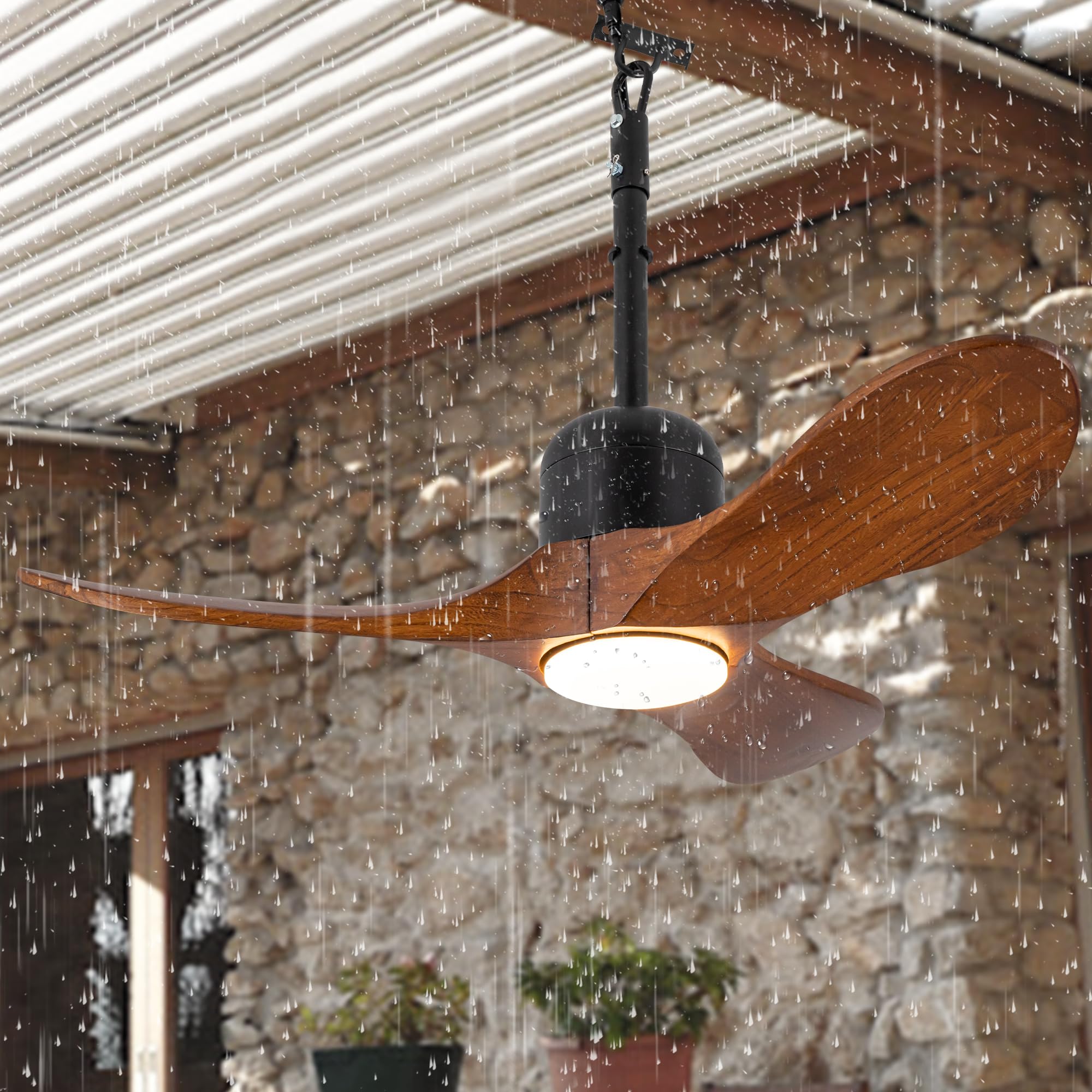 Photo 1 of 34-Inch Wet-Rated Outdoor Ceiling Fan with Light, Walnut Wood Blades