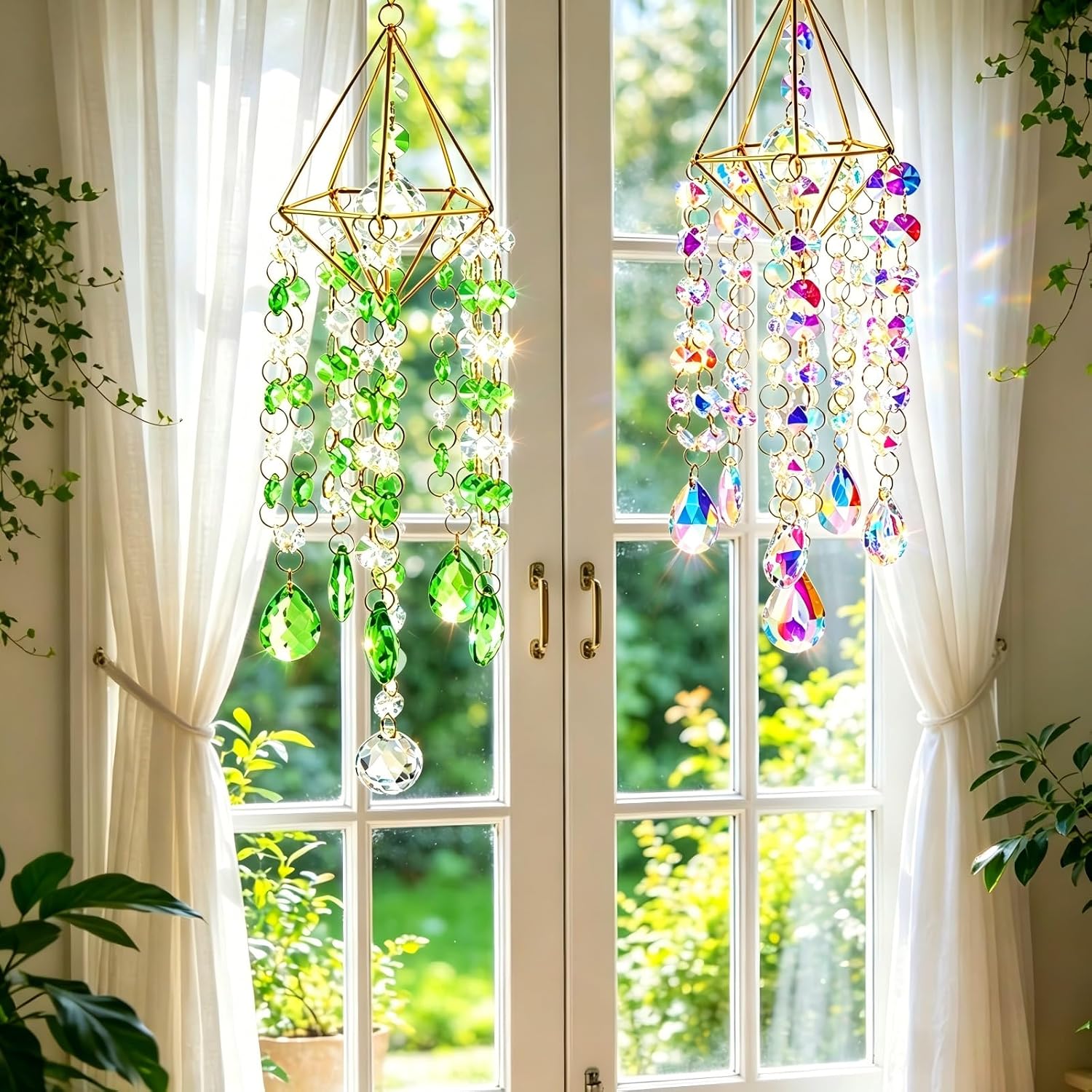 2 Sets Crystal Suncatcher Wind Chimes for Window Hanging, Rainbow Prism Crystal Sun Catchers Indoor Hanging Decor for Home, Garden, Plant & Wedding (AB Green)