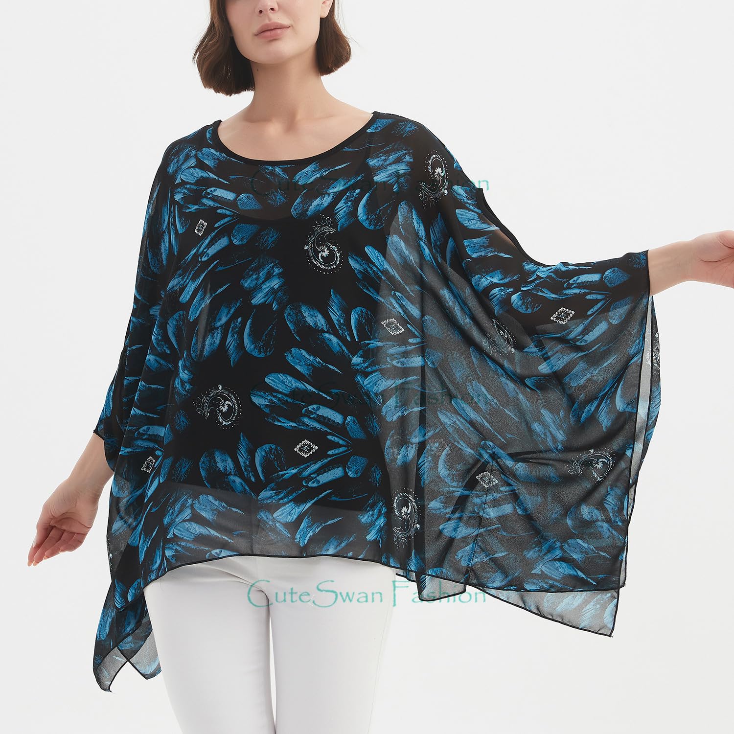 CuteSwan Camicetta da donna Lagenlook caftano con maniche a pipistrello in chiffon bohémien sciolto floreale camicetta tunica